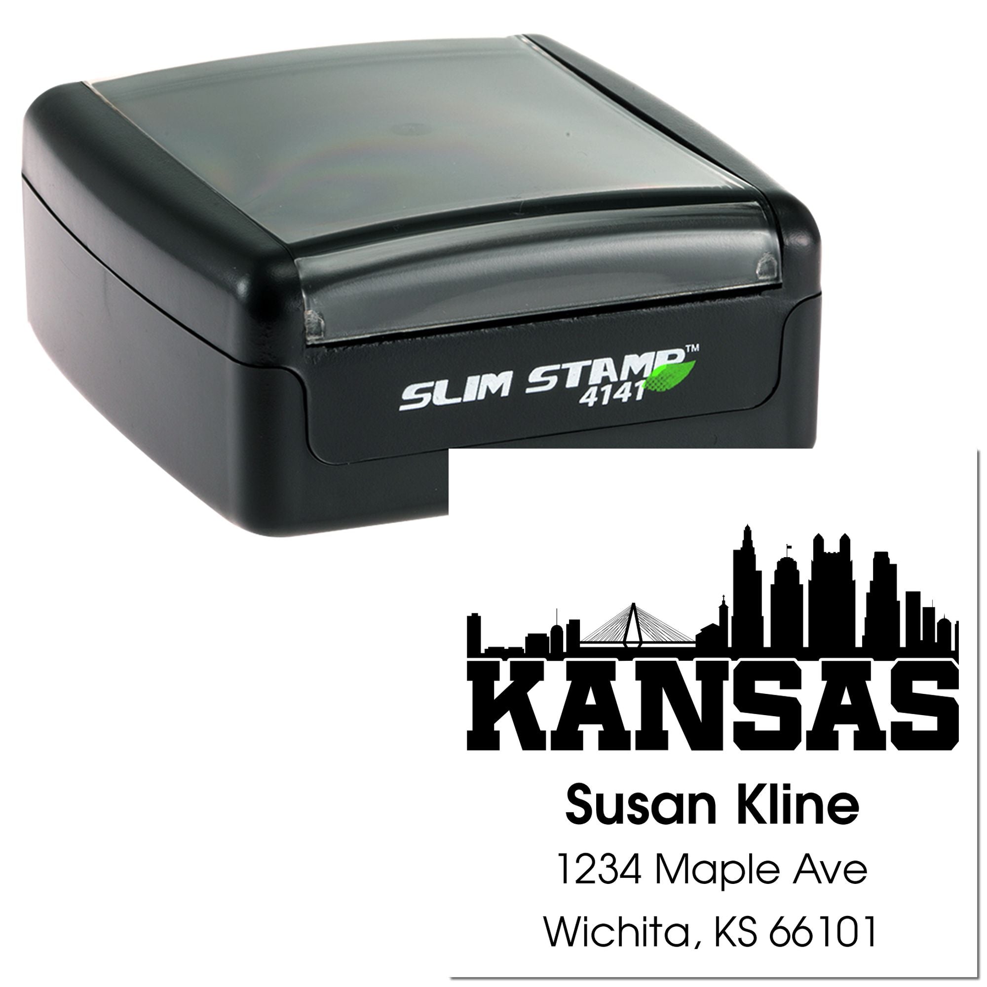 Custom self-inking Kansas address stamp with skyline design for Susan Kline, Wichita, KS 66101.