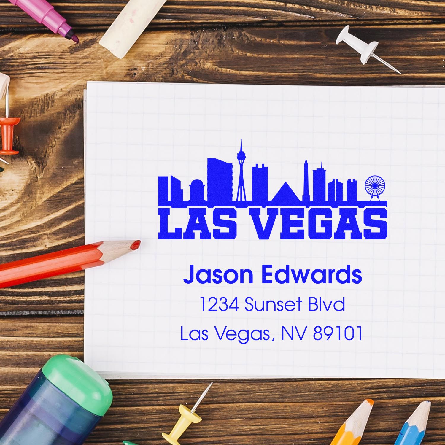 Custom Las Vegas address rubber stamp for personalized return addresses, business mail, and branding.