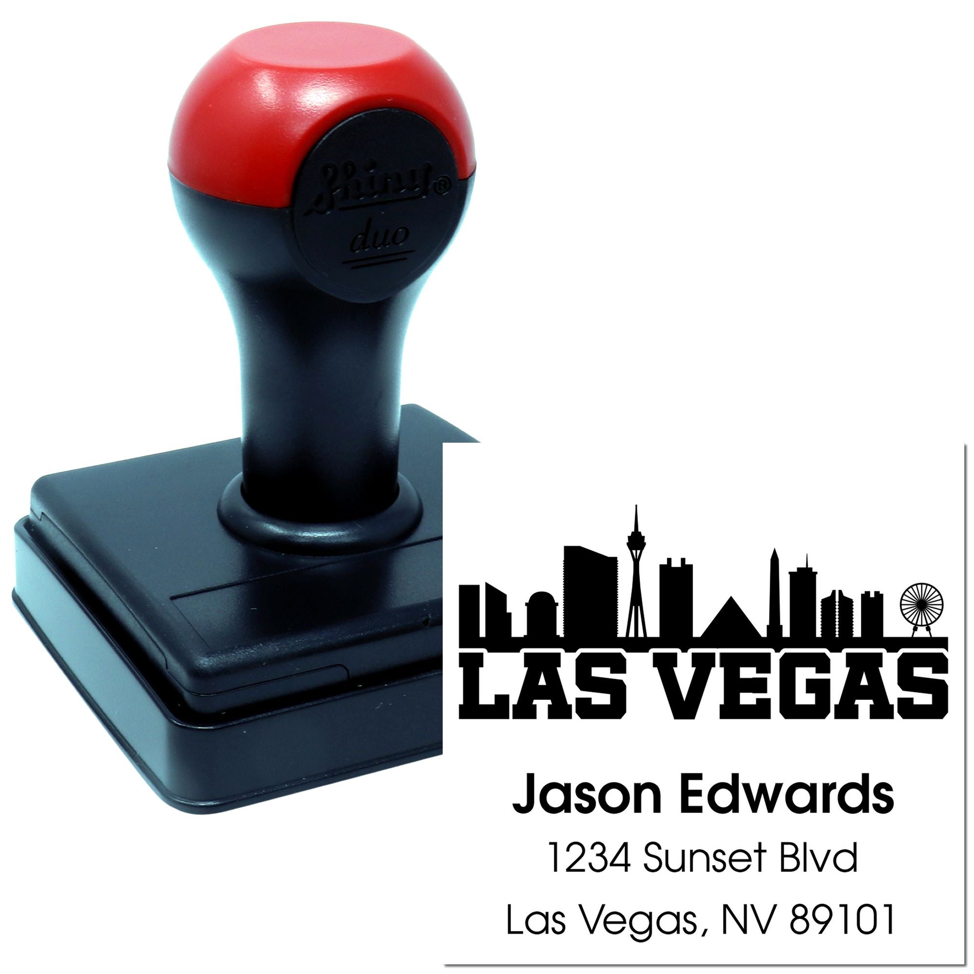 Personalized Las Vegas return address rubber stamp with skyline design for Jason Edwards