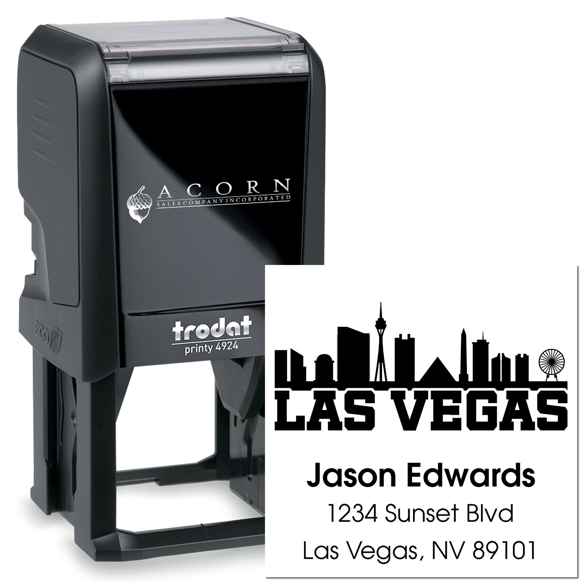 Trodat Printy 4924 self-inking rubber stamp with custom Las Vegas address design for business mailing.