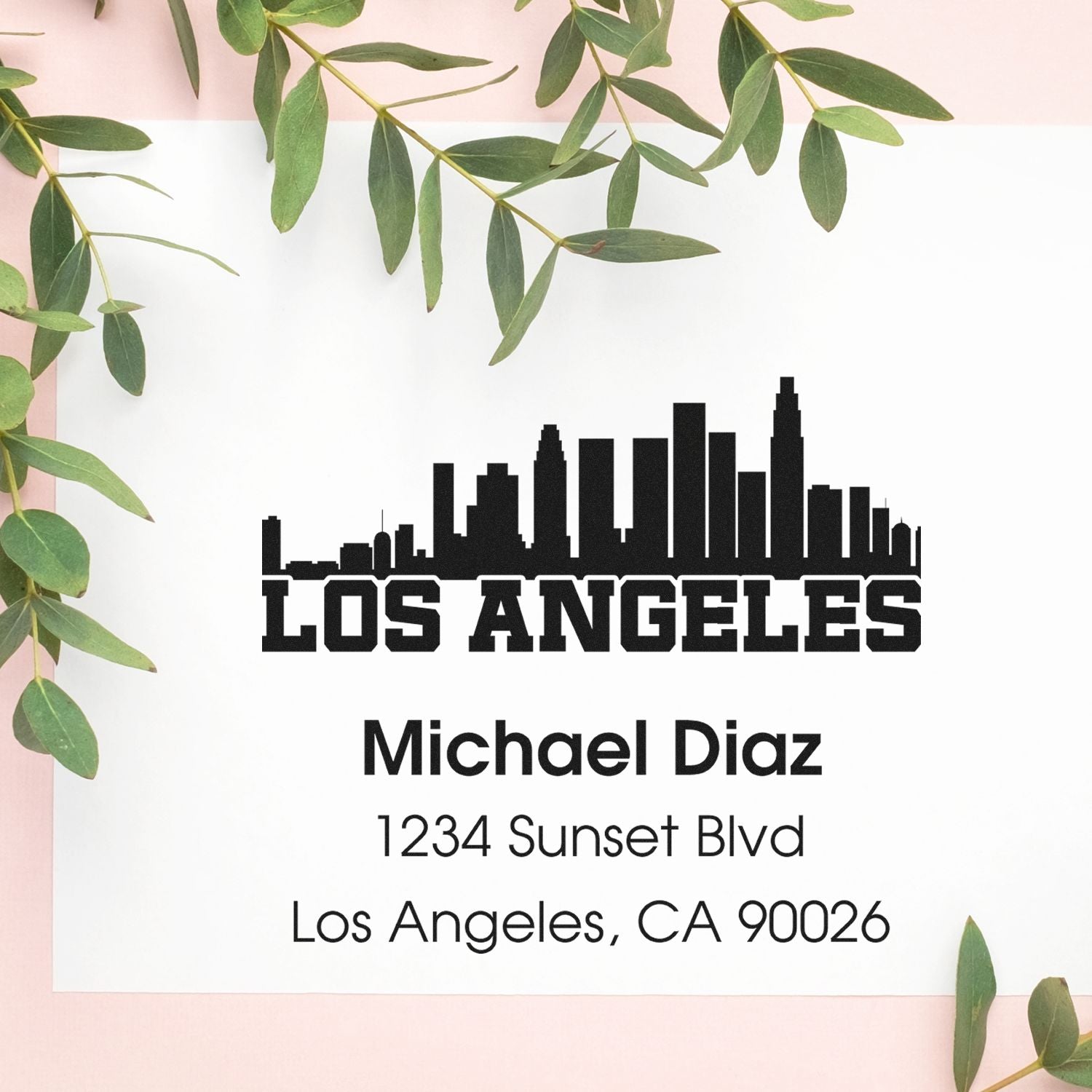 Custom Los Angeles skyline return address rubber stamp for personalized mailing and business correspondence.