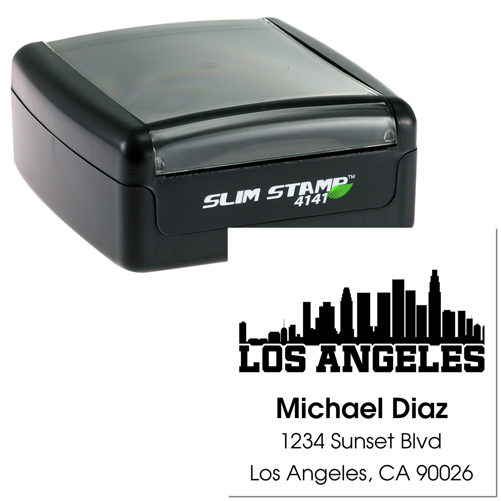 Slim Stamp 4141 self-inking rubber stamp with custom Los Angeles address and skyline design for business mail