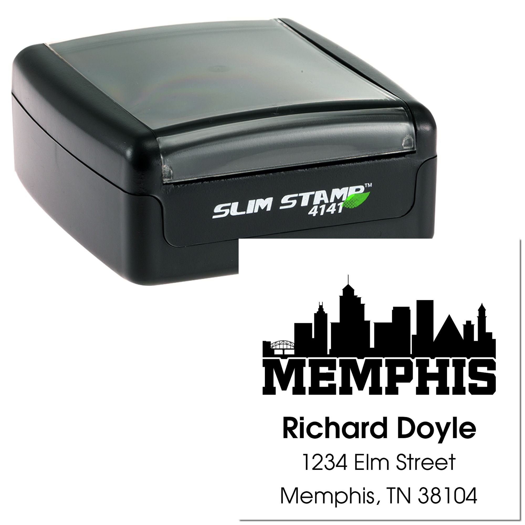 Slim Stamp 4141 custom self-inking rubber stamp with Memphis skyline address imprint for personalized business mailing.