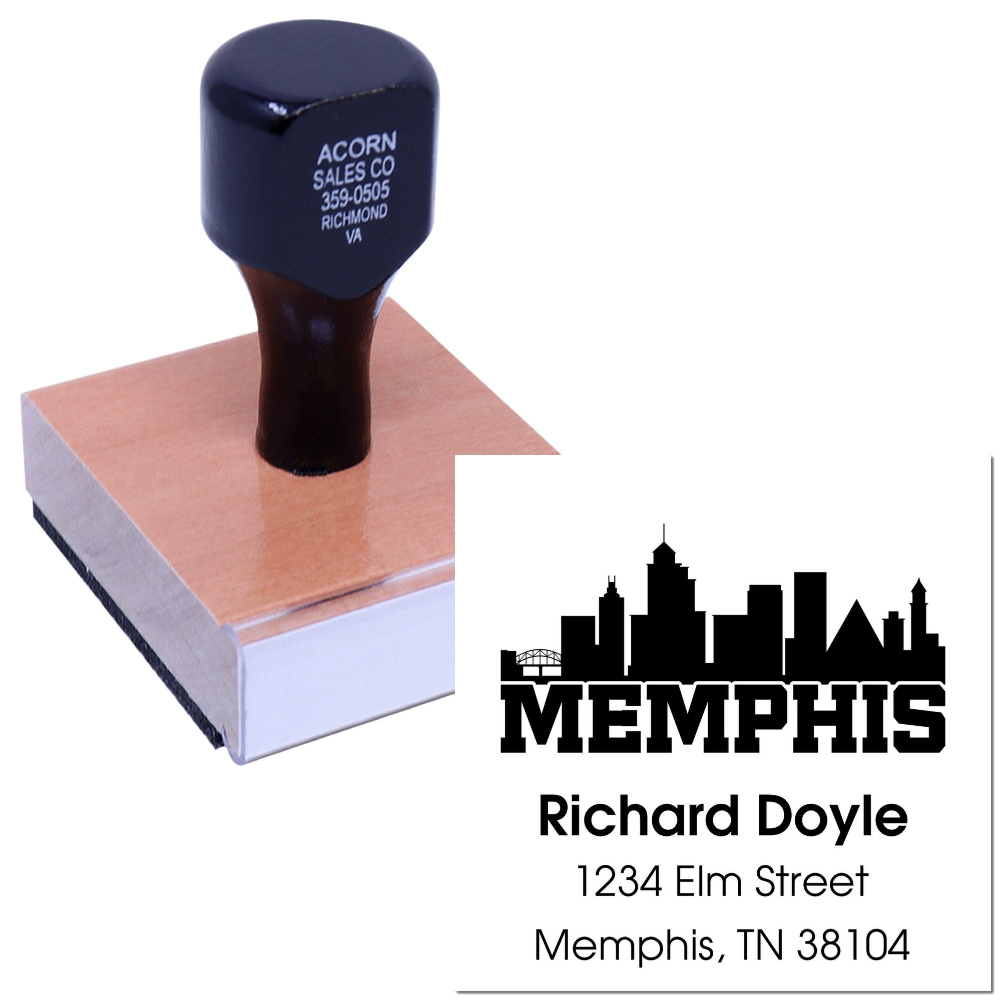Custom Memphis rubber address stamp with skyline logo, Richard Doyle, 1234 Elm Street, Memphis, TN 38104.