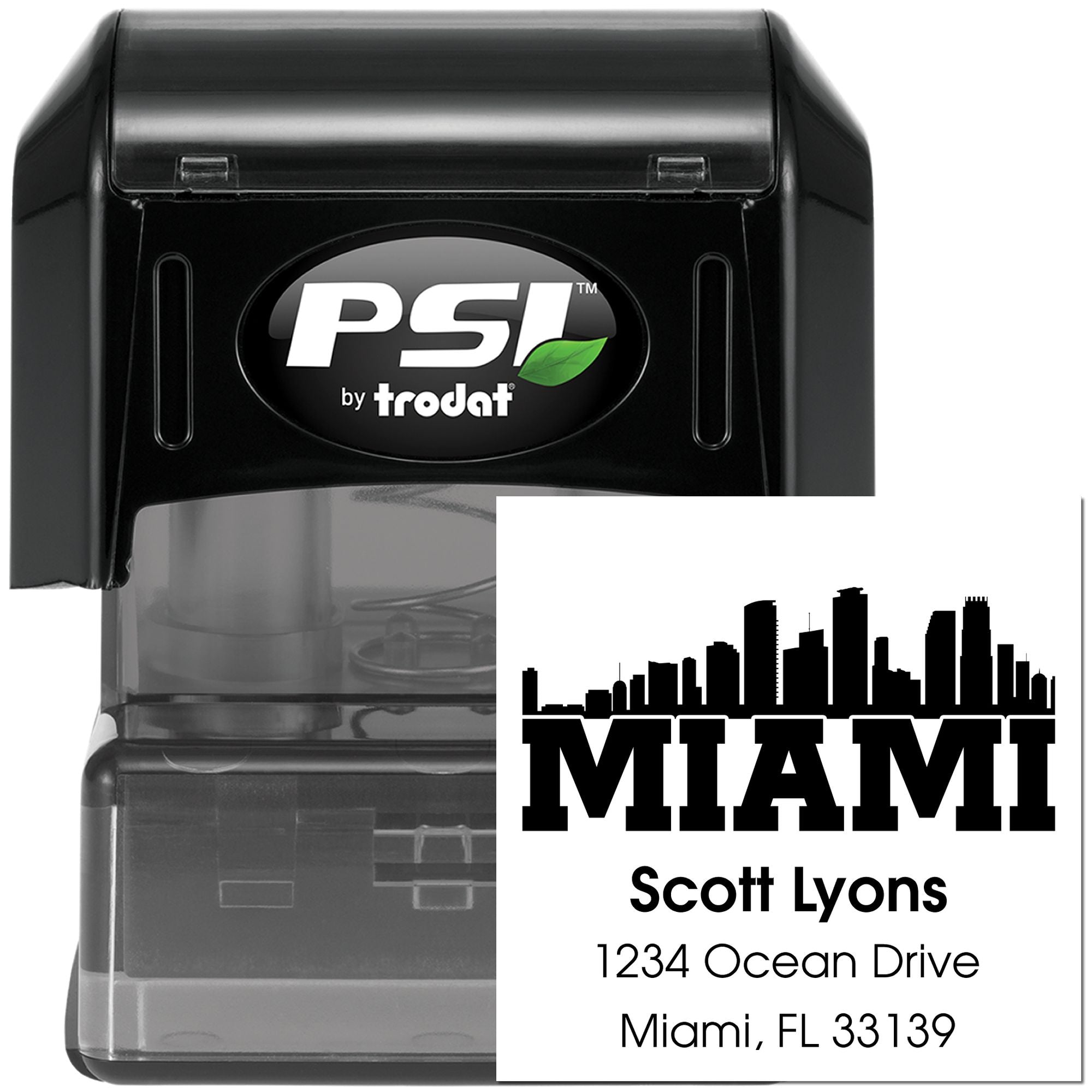 Custom Miami self-inking rubber stamp by Trodat PSI with skyline design for business address and return mailing use