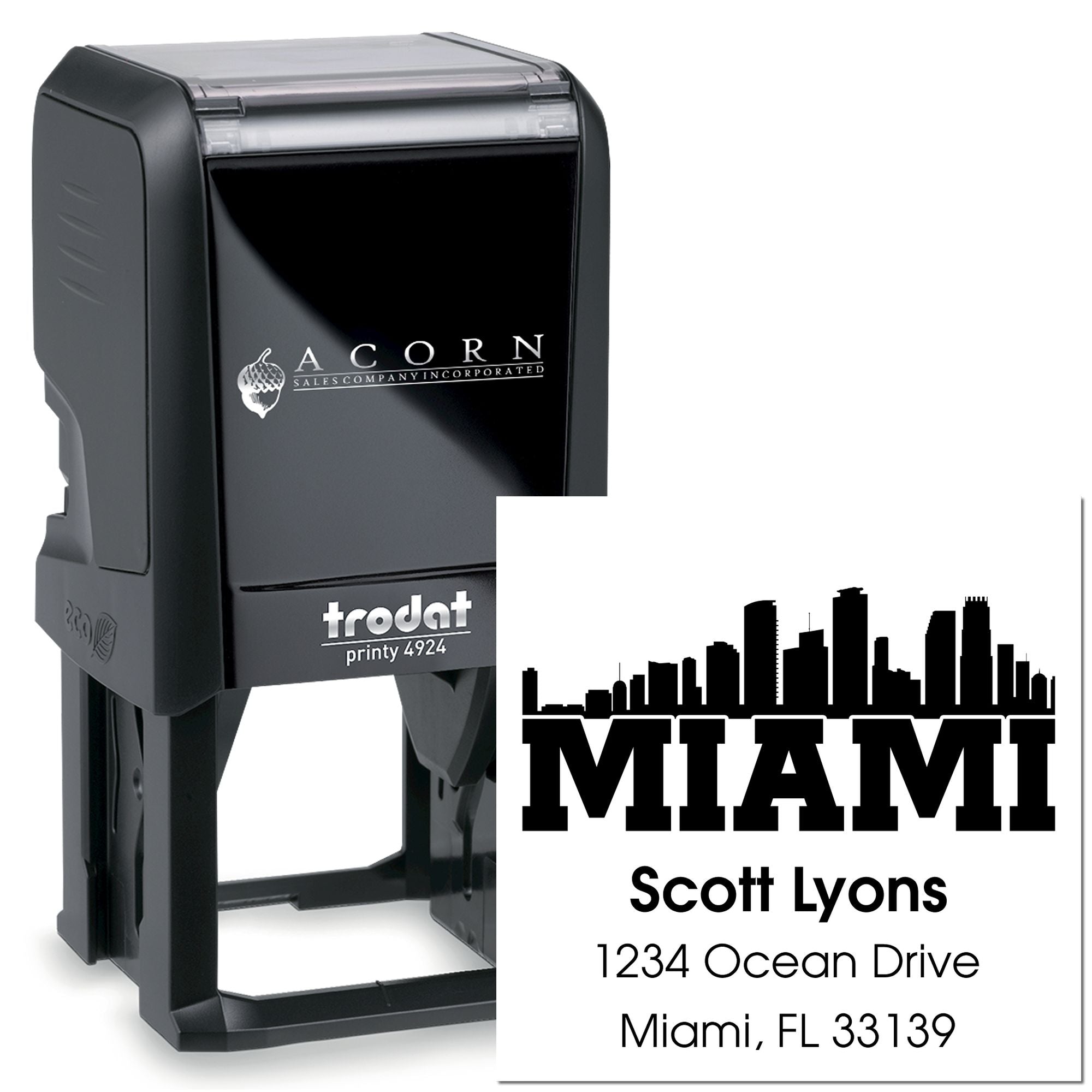 Custom self-inking rubber address stamp with Miami skyline design and return address for personalized business mailing.