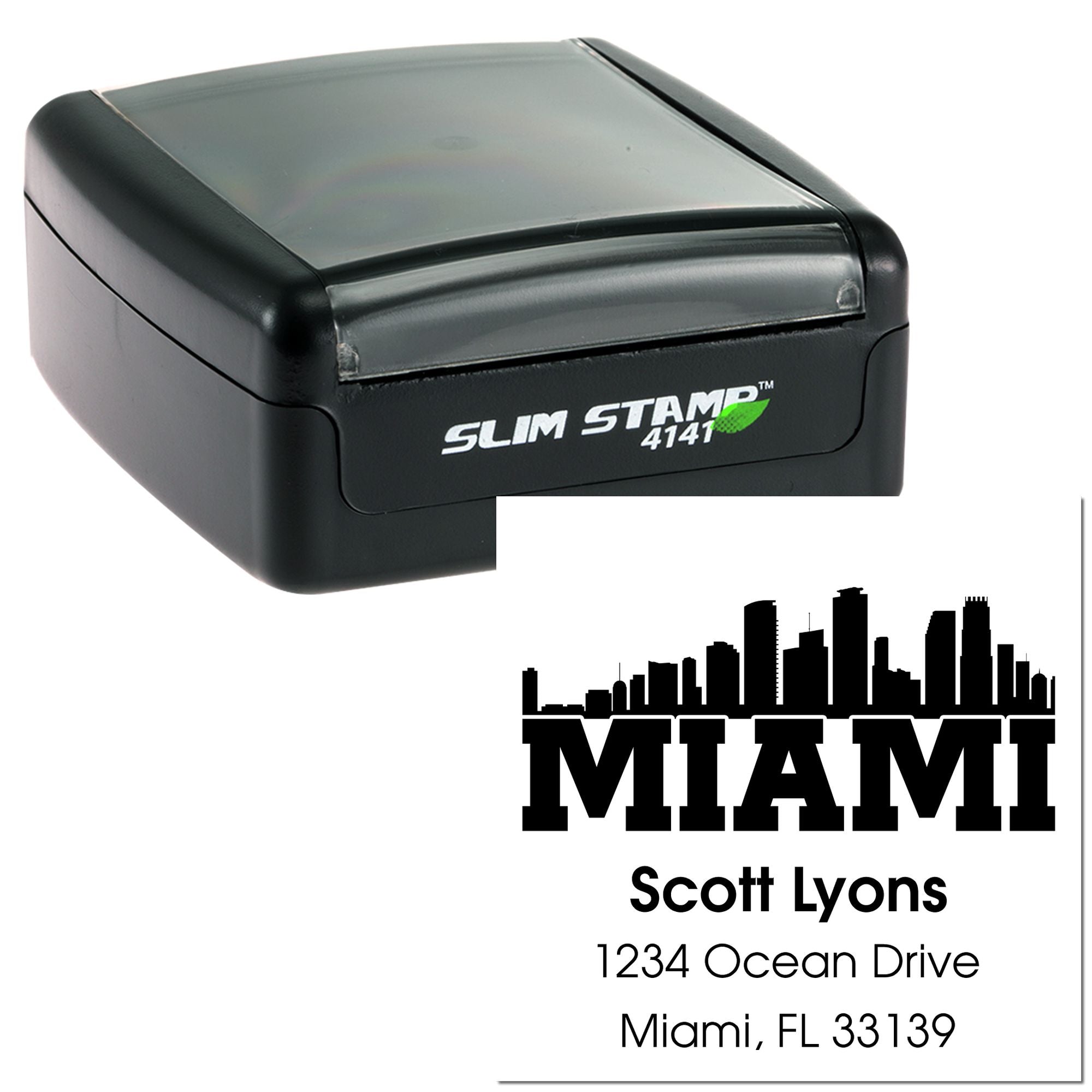 Custom self-inking rubber address stamp with Miami skyline design and Miami, FL return address.