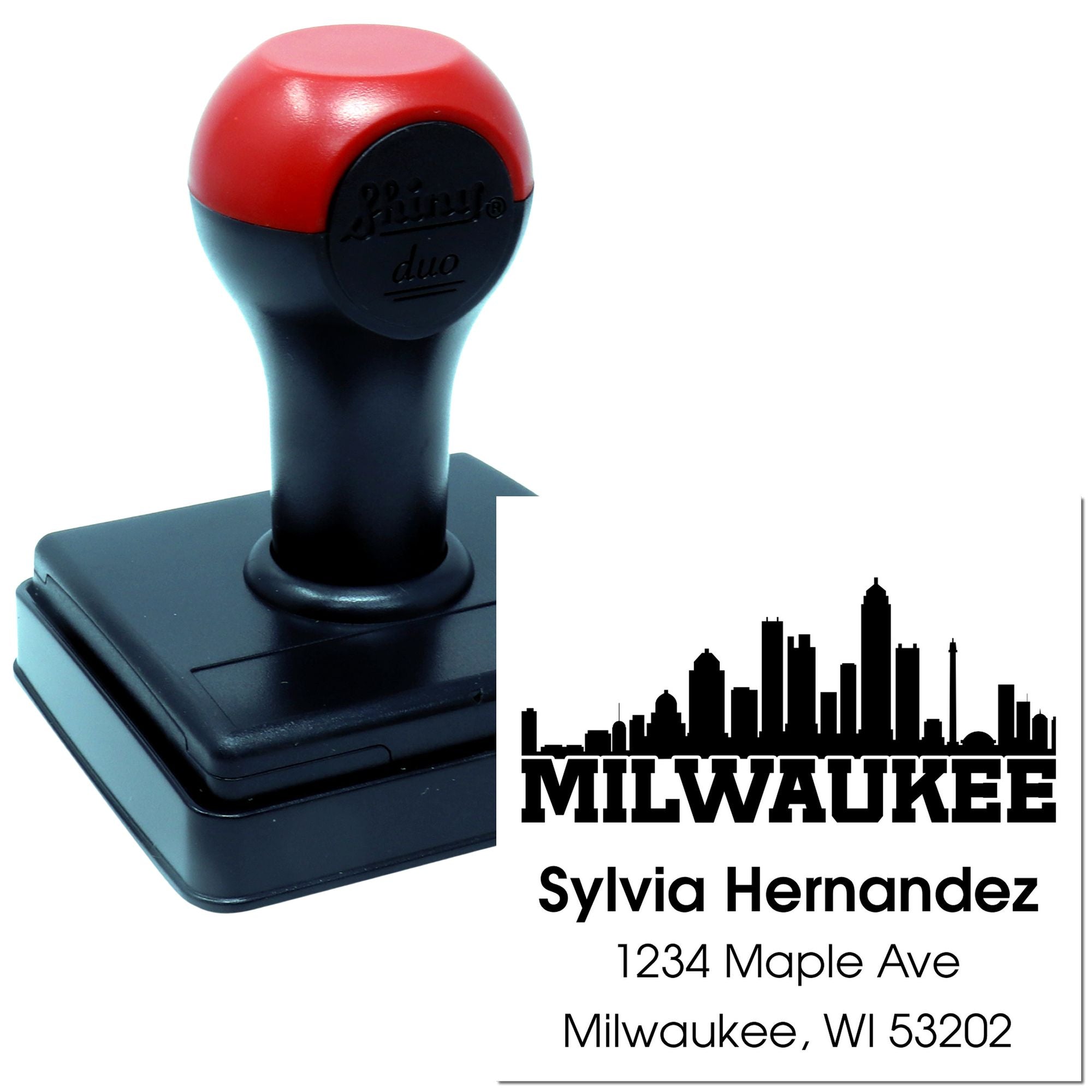 Custom self-inking rubber stamp featuring Milwaukee skyline and address imprint for Sylvia Hernandez, 1234 Maple Ave, Milwaukee, WI 53202