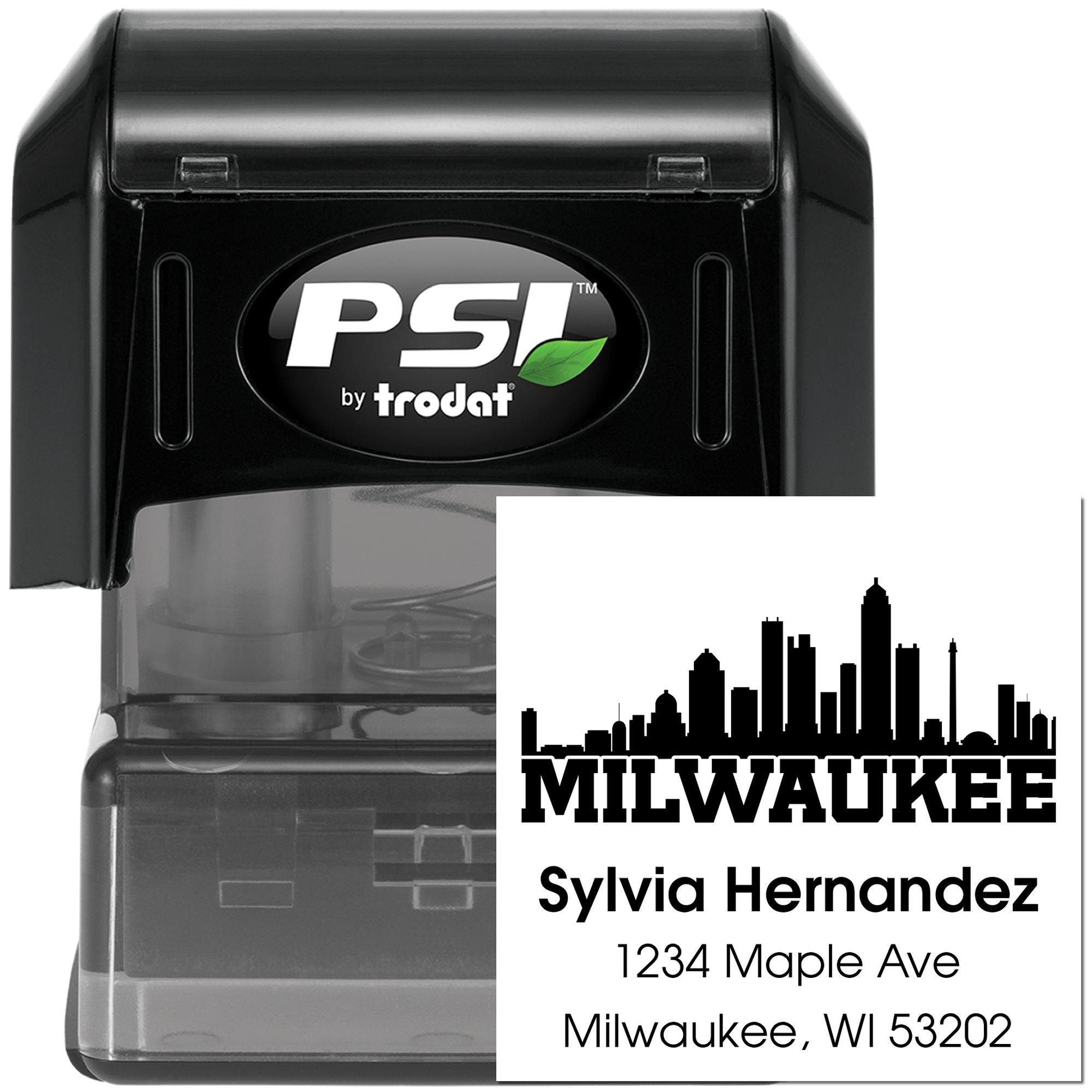 Personalized self-inking address stamp with Milwaukee skyline for envelopes, PSI by Trodat.