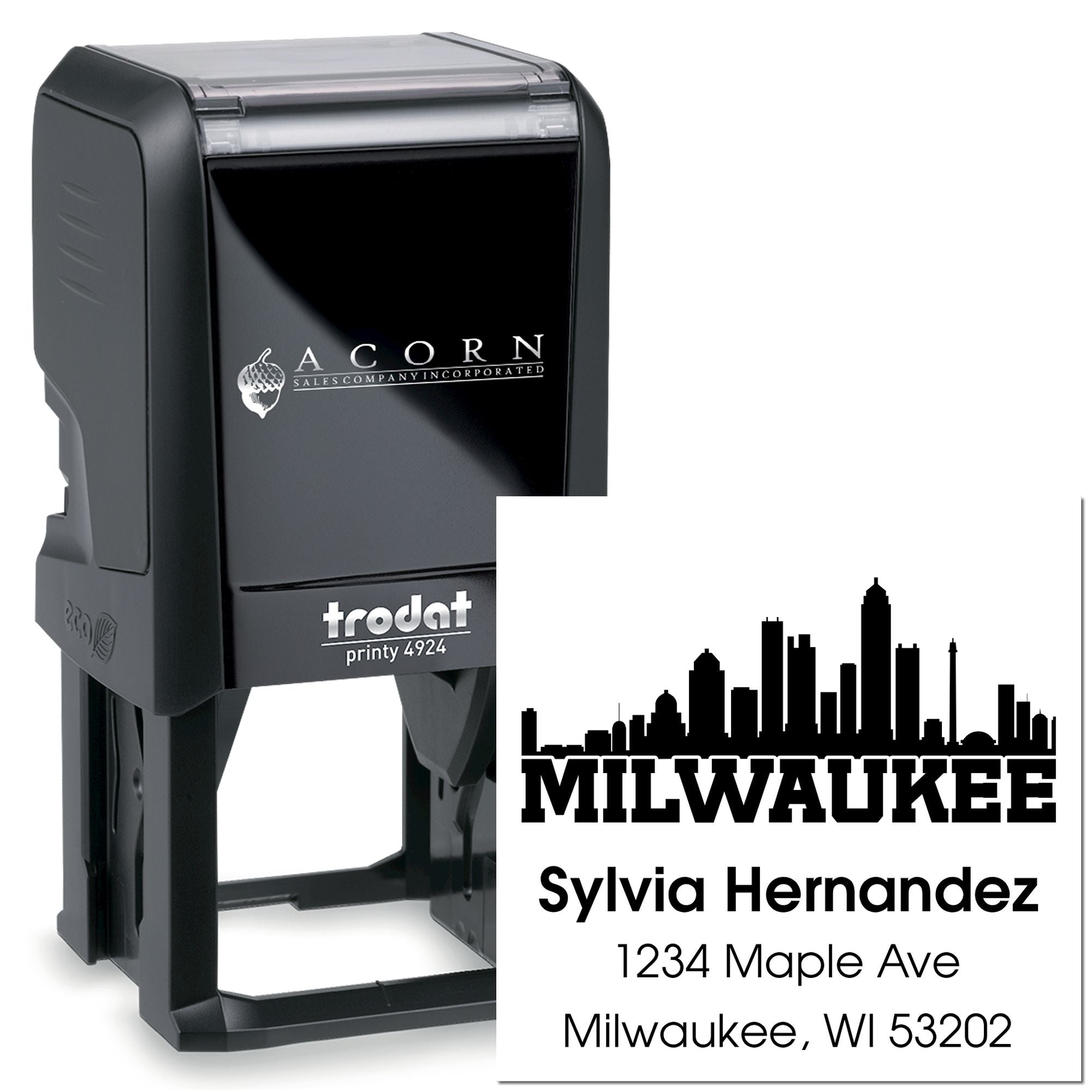 Trodat Printy 4924 custom self-inking rubber stamp with Milwaukee skyline and address design for business mailing.