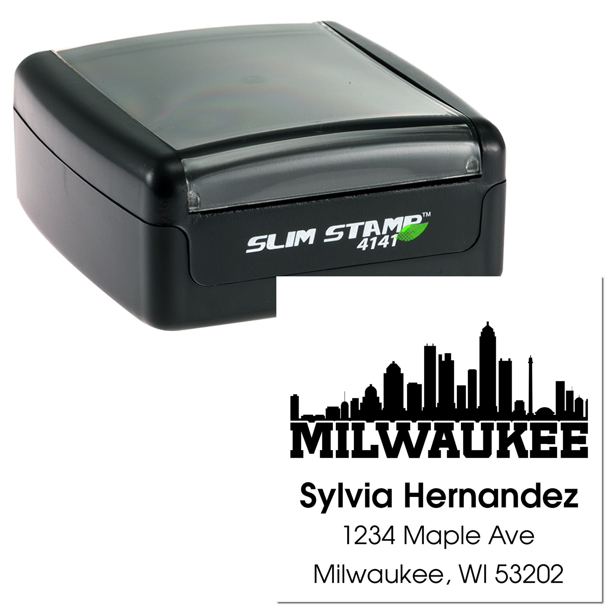 Custom self-inking rubber stamp for Milwaukee return address with skyline design and Sylvia Hernandez address imprint.