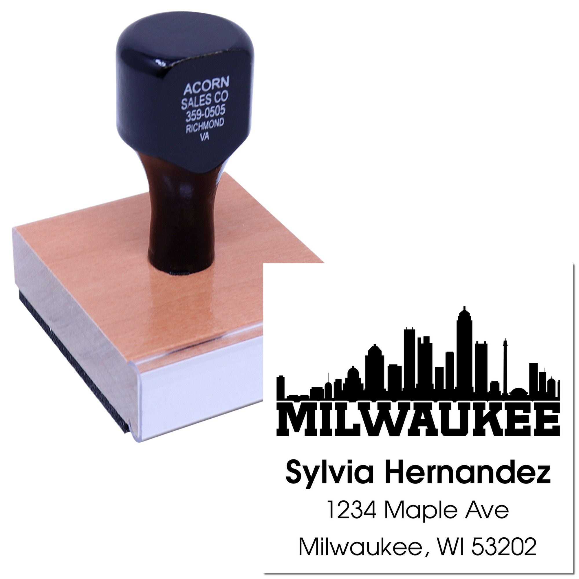 Custom rubber stamp with Milwaukee skyline address design for Sylvia Hernandez