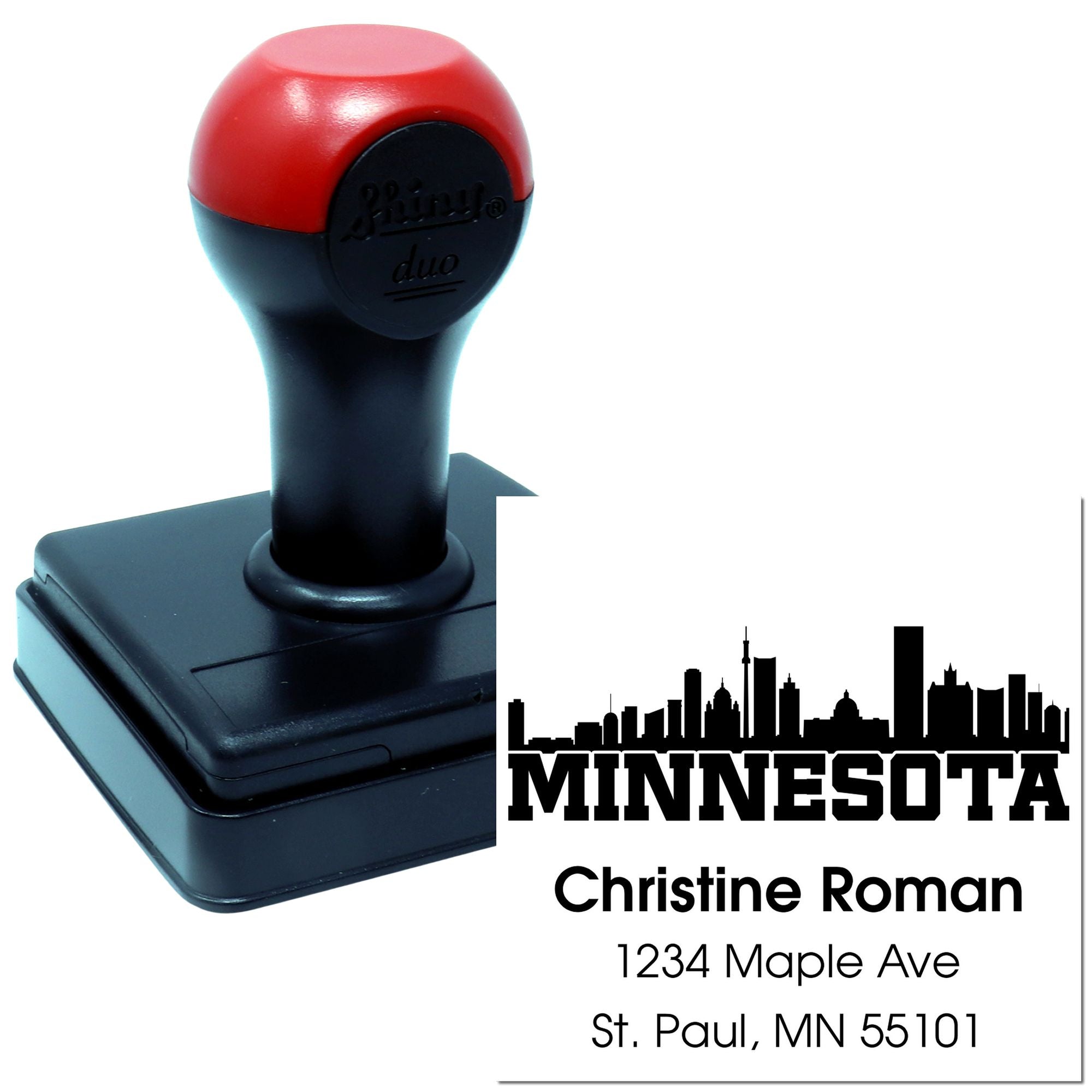 Custom Minnesota address rubber stamp with skyline design and self-inking stamp for personalized mailing and return addresses