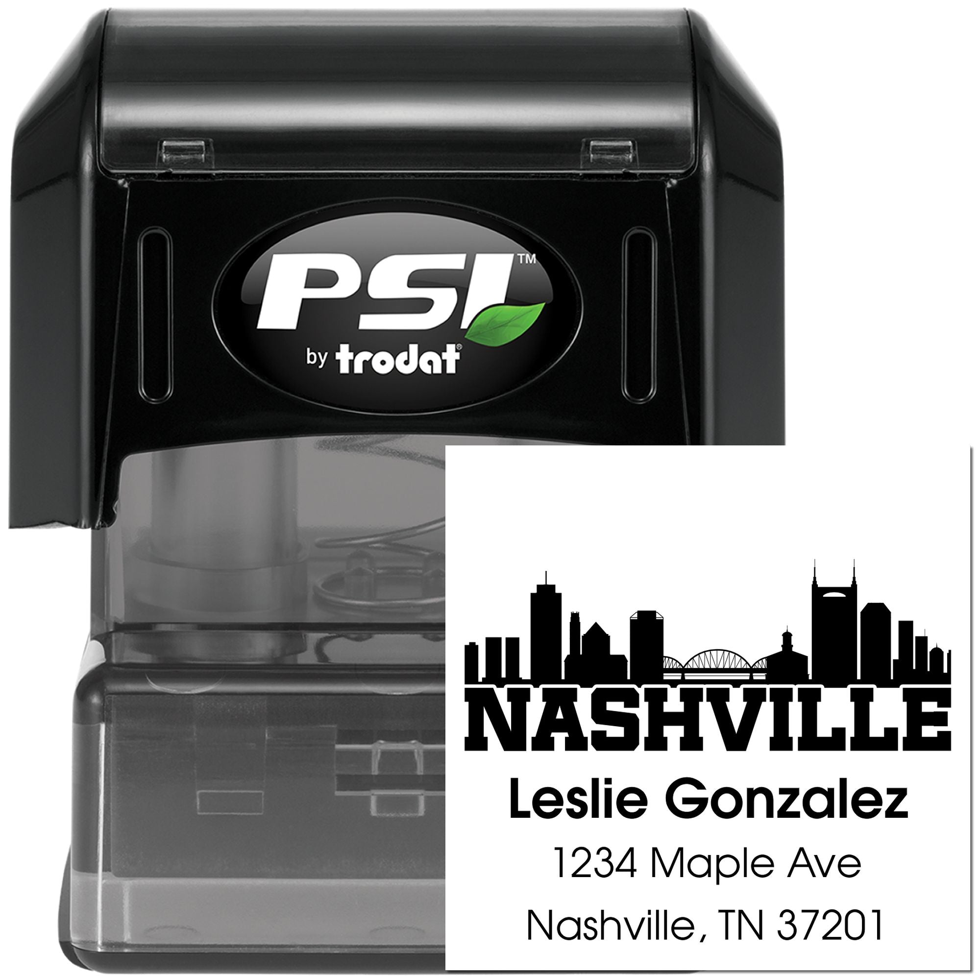 PSI by Trodat self-inking Nashville address rubber stamp with custom skyline design