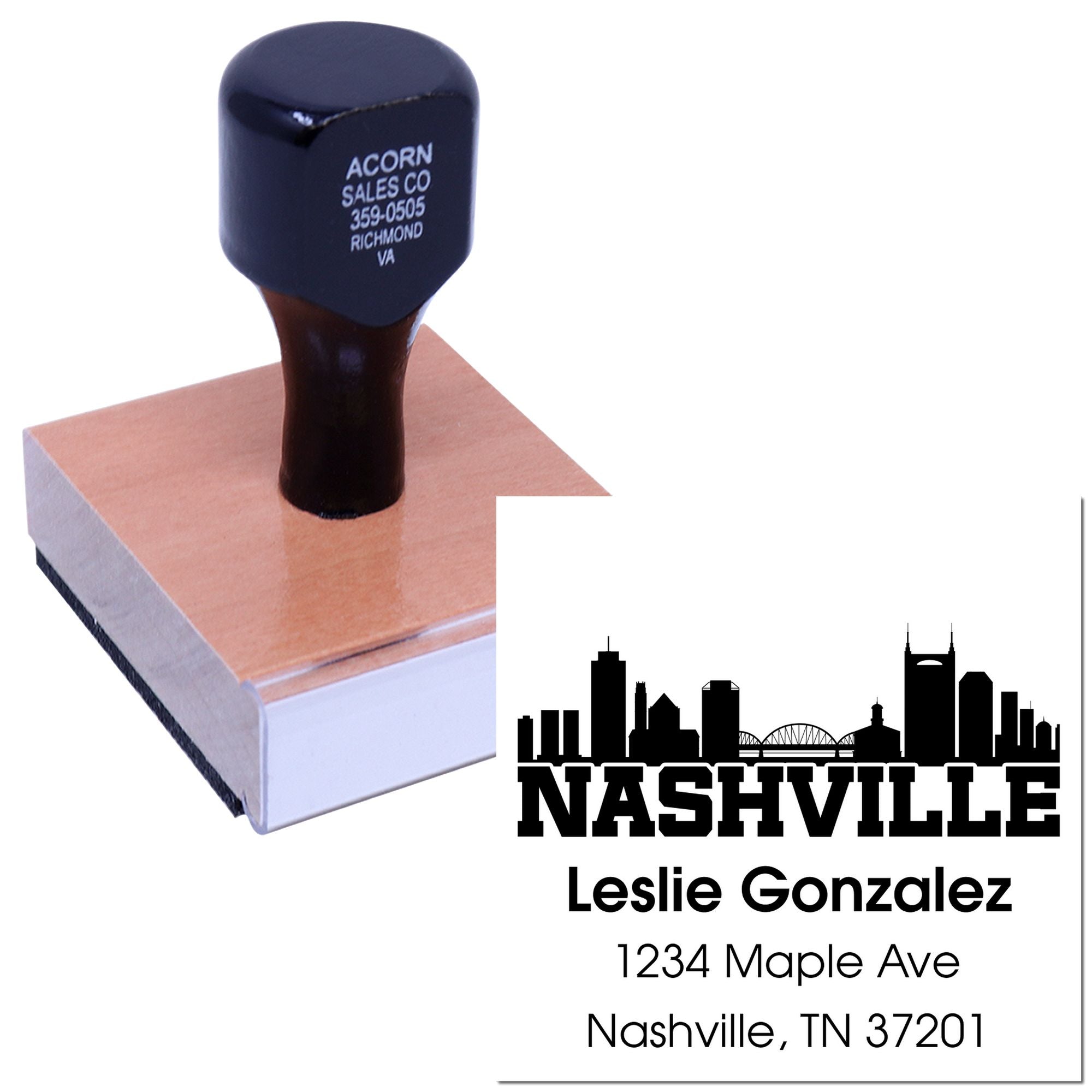 Custom Nashville address rubber stamp with skyline design for Leslie Gonzalez, 1234 Maple Ave, Nashville, TN 37201.