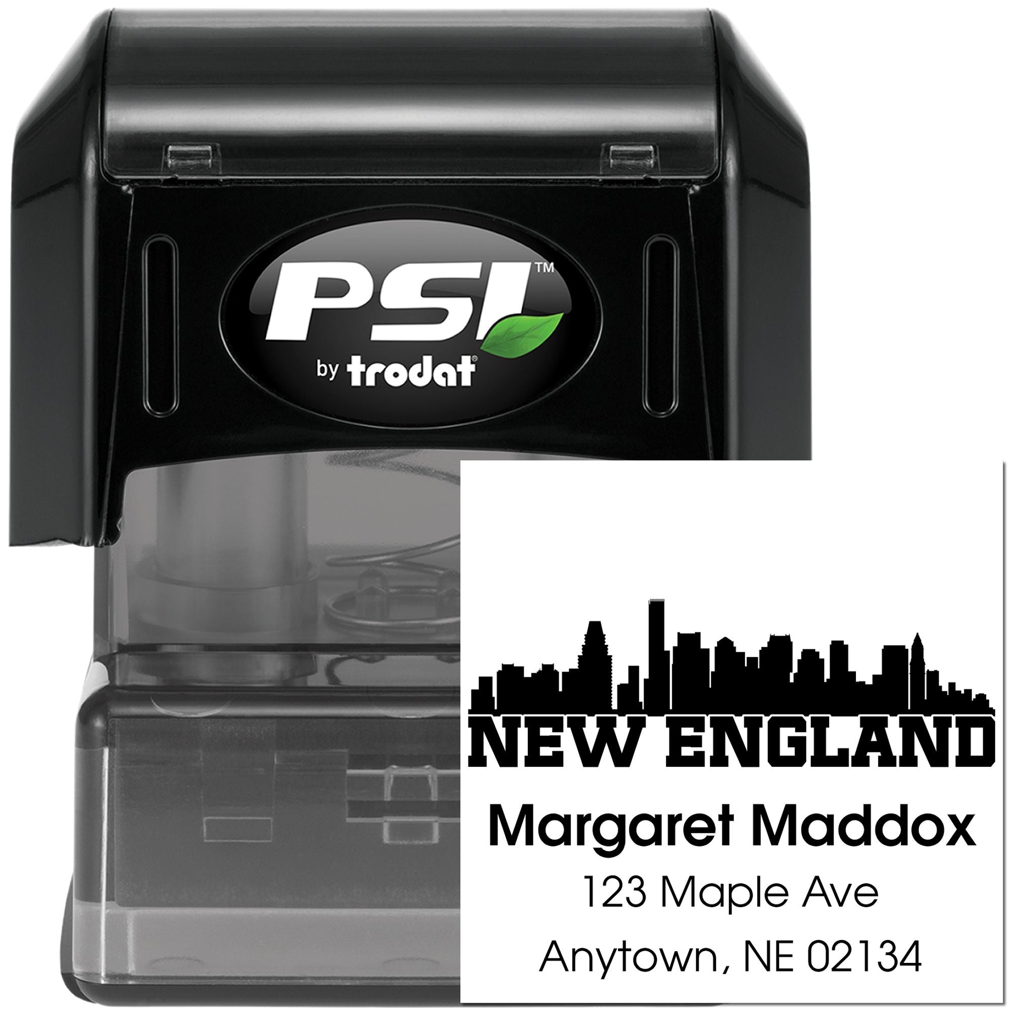 Self-inking rubber address stamp with New England skyline and custom return address for Margaret Maddox.