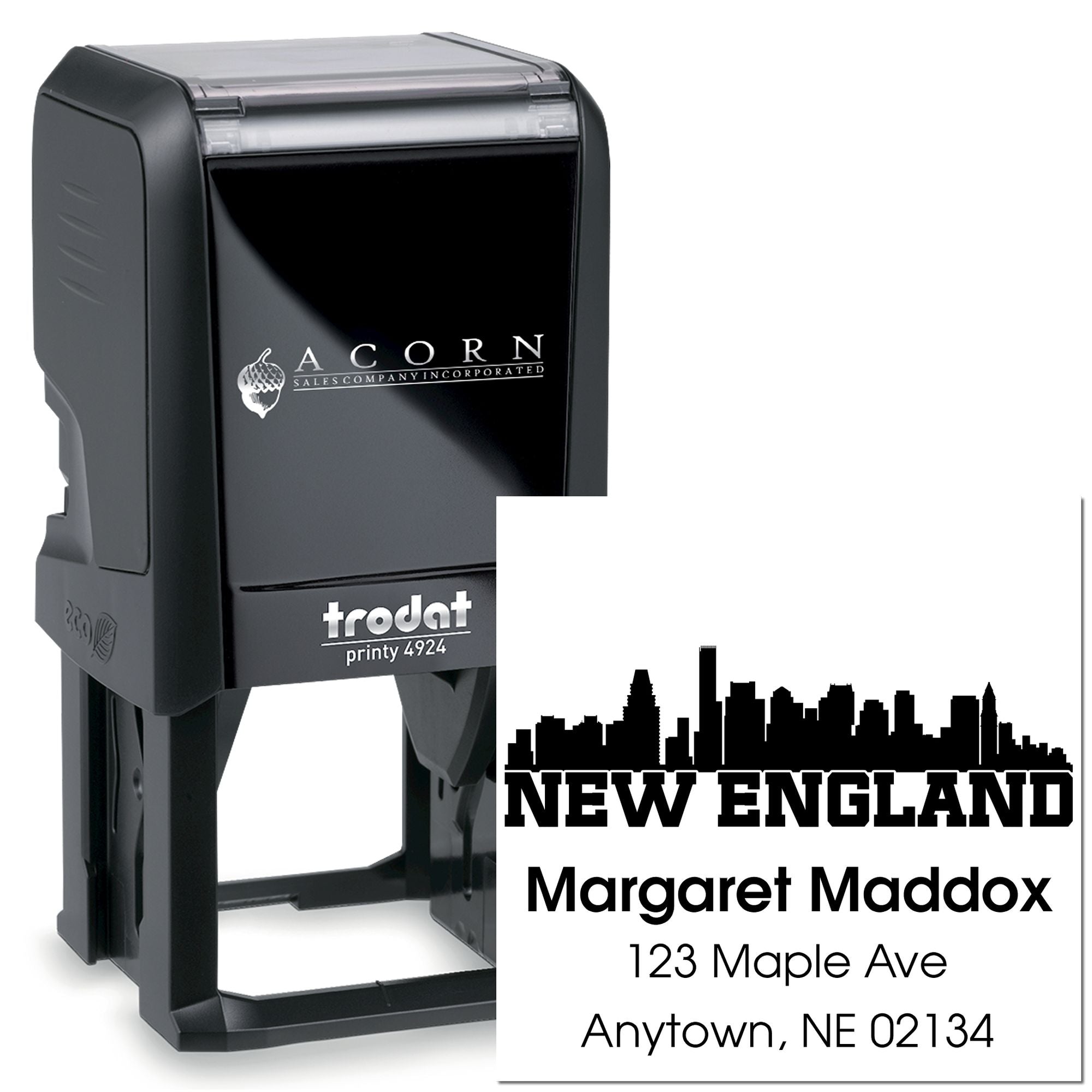 Custom self-inking address rubber stamp with New England skyline design for Margaret Maddox, 123 Maple Ave, Anytown, NE 02134