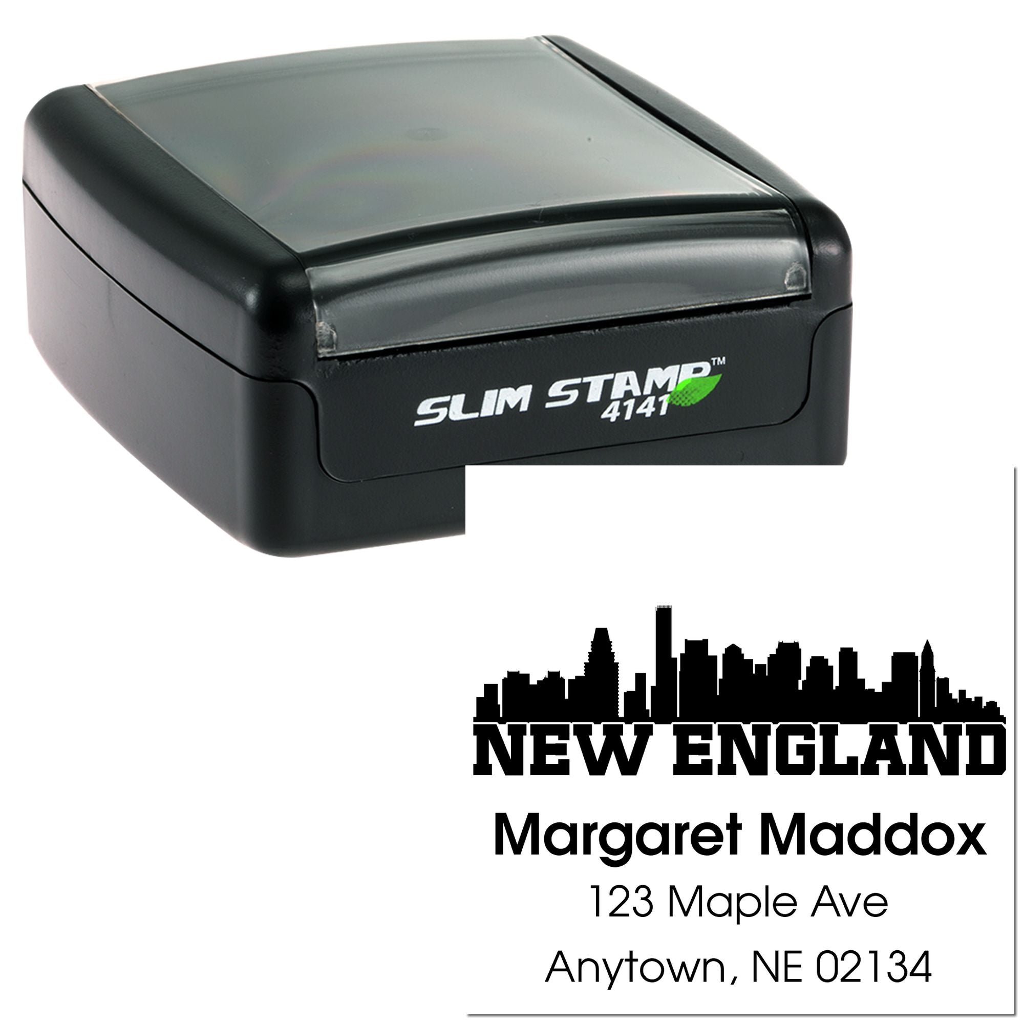 Self-inking custom address rubber stamp with New England skyline and Margaret Maddox address imprint