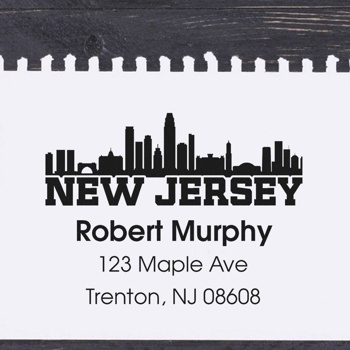 Personalized New Jersey address rubber stamp with skyline, Robert Murphy, 123 Maple Ave, Trenton, NJ 08608