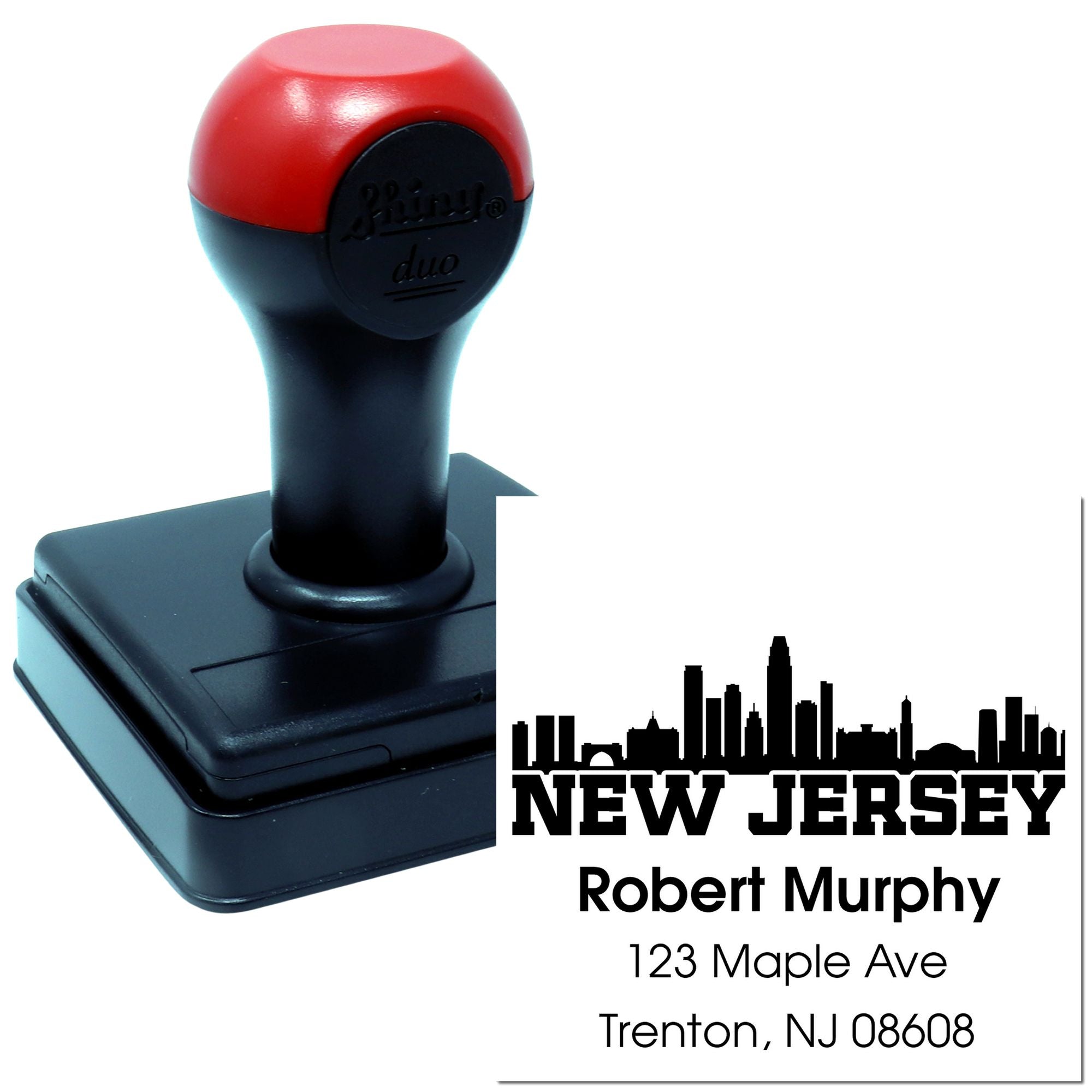 Custom self-inking rubber stamp for New Jersey address labels with skyline design, Robert Murphy name, and return address.