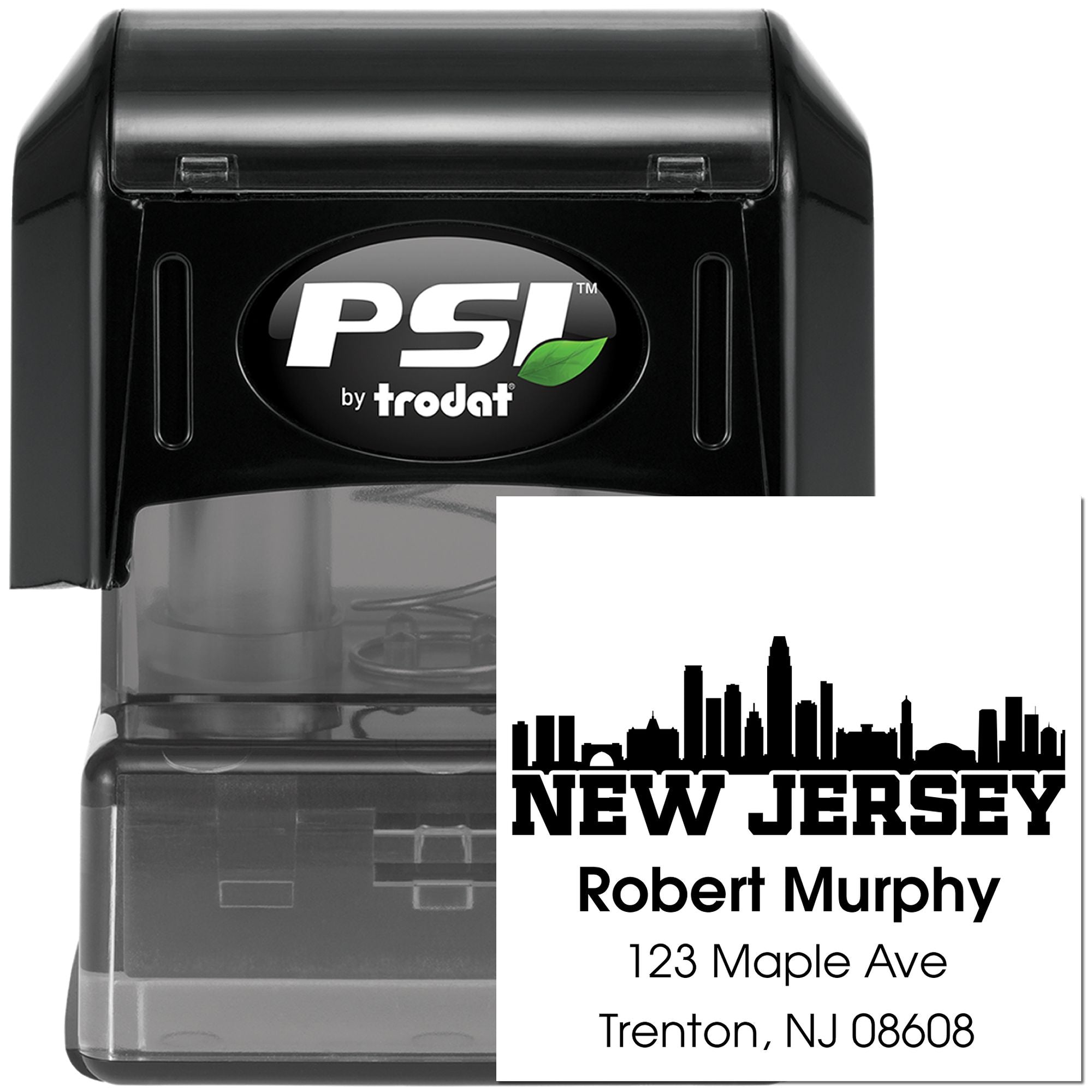 Custom self-inking rubber address stamp with New Jersey skyline, Robert Murphy name, and return address.