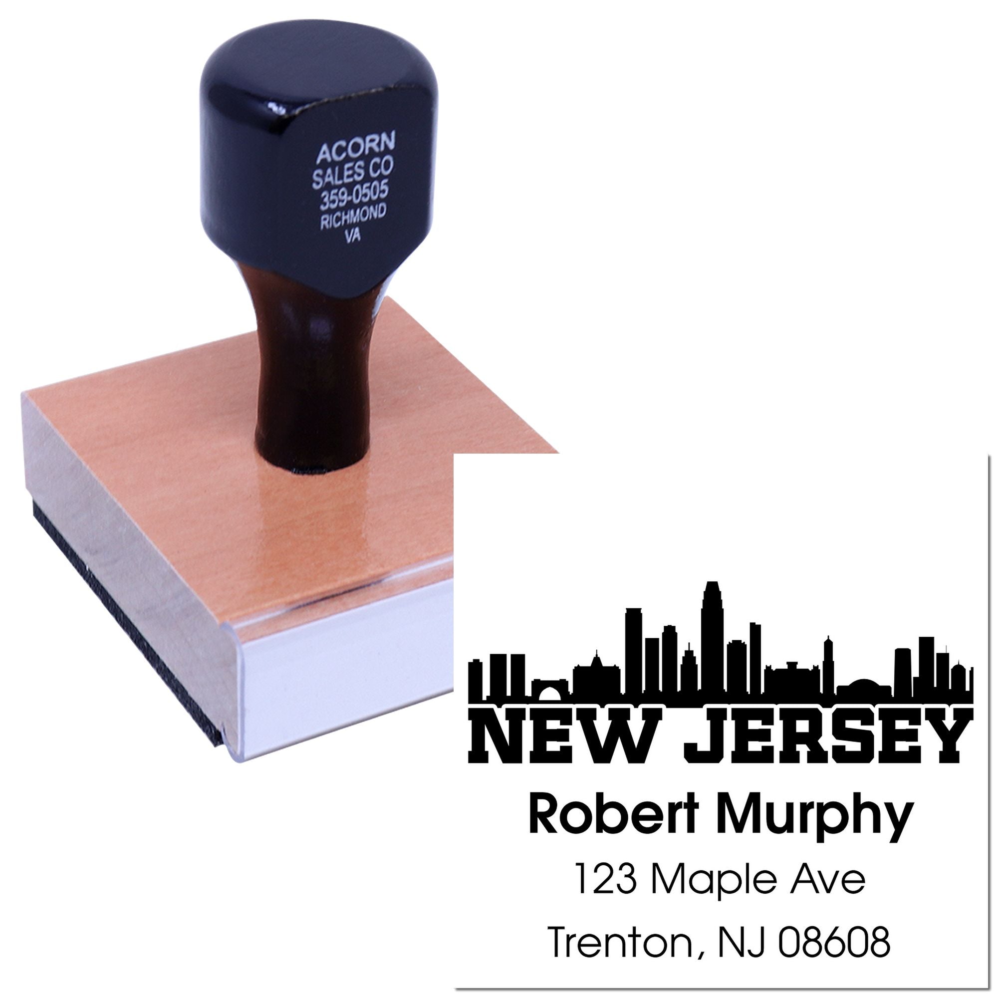 Custom rubber stamp for New Jersey address imprint: Robert Murphy, 123 Maple Ave, Trenton, NJ 08608.