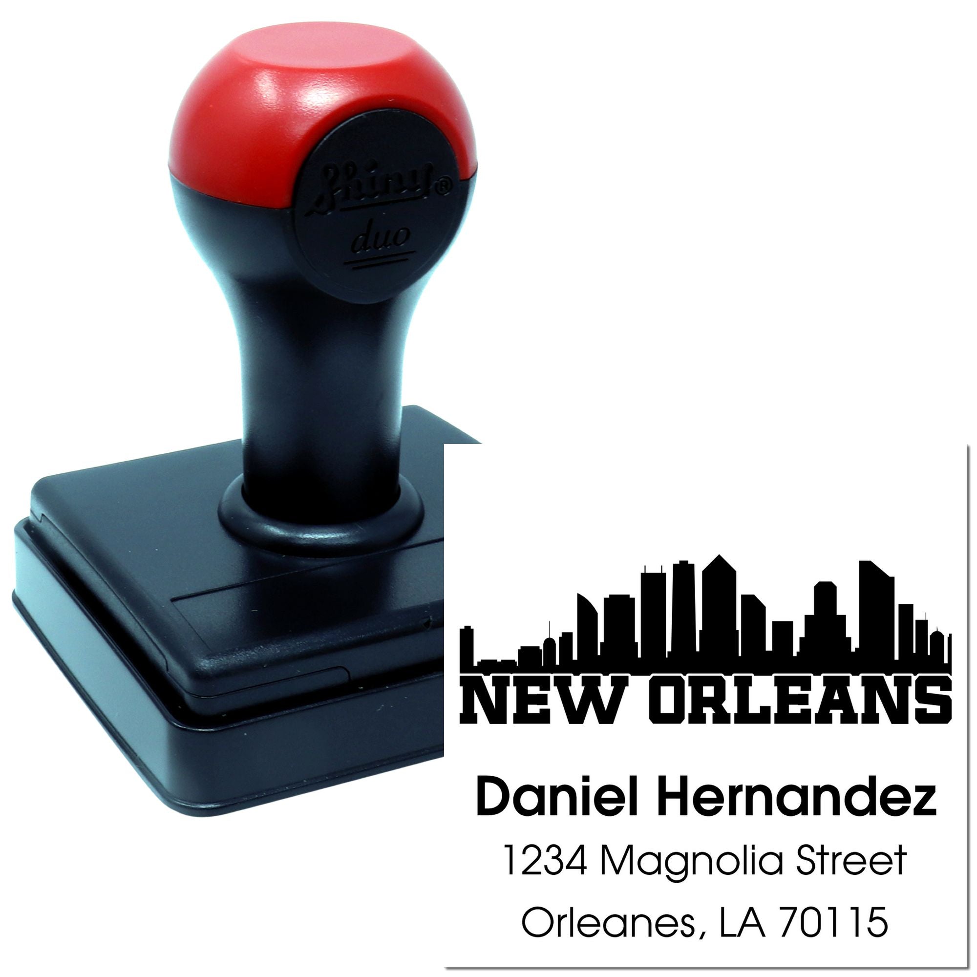 Personalized self-inking rubber address stamp featuring New Orleans skyline, Daniel Hernandez, and mailing address.