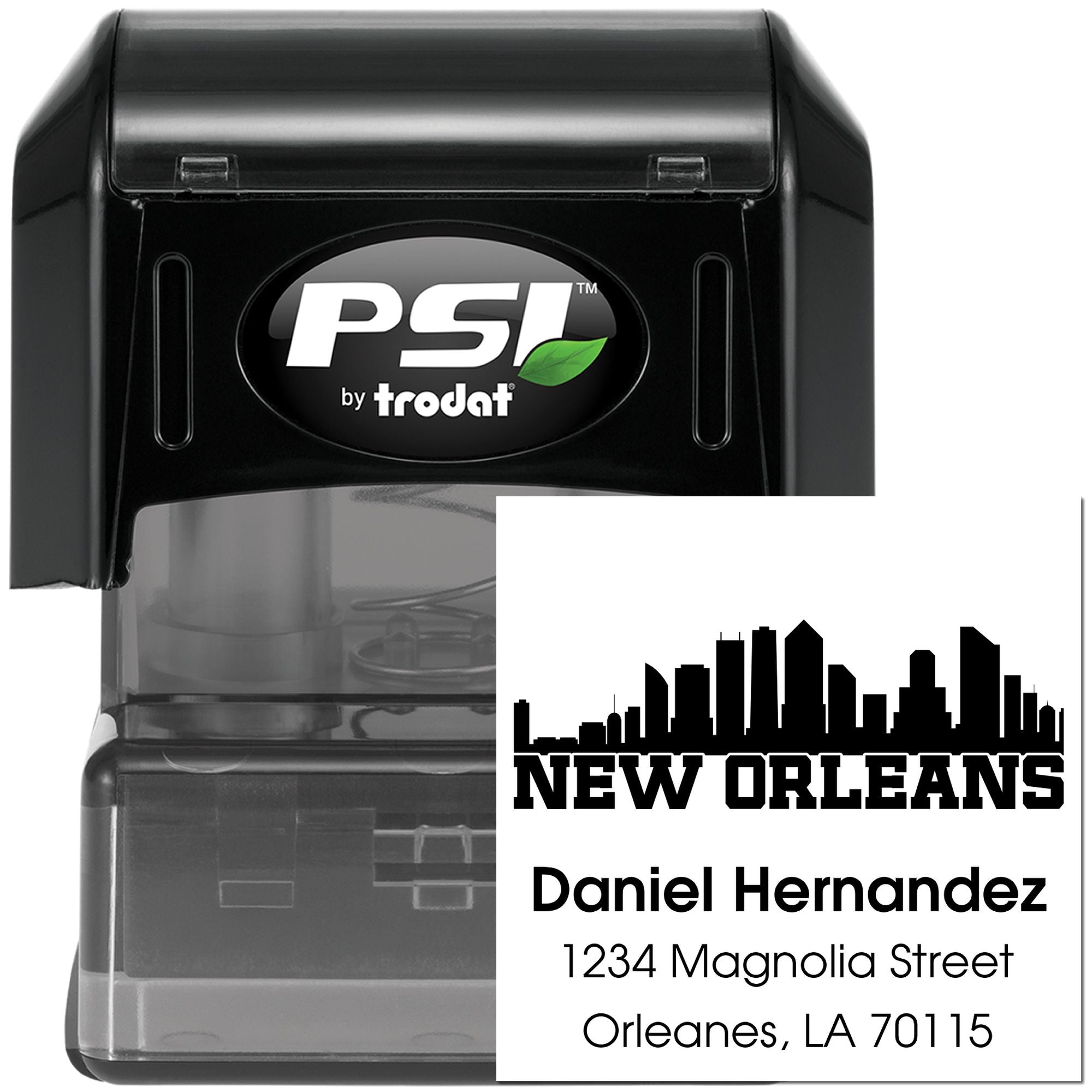 Custom New Orleans return address self-inking rubber stamp by Trodat PSI with Daniel Hernandez and 1234 Magnolia Street.