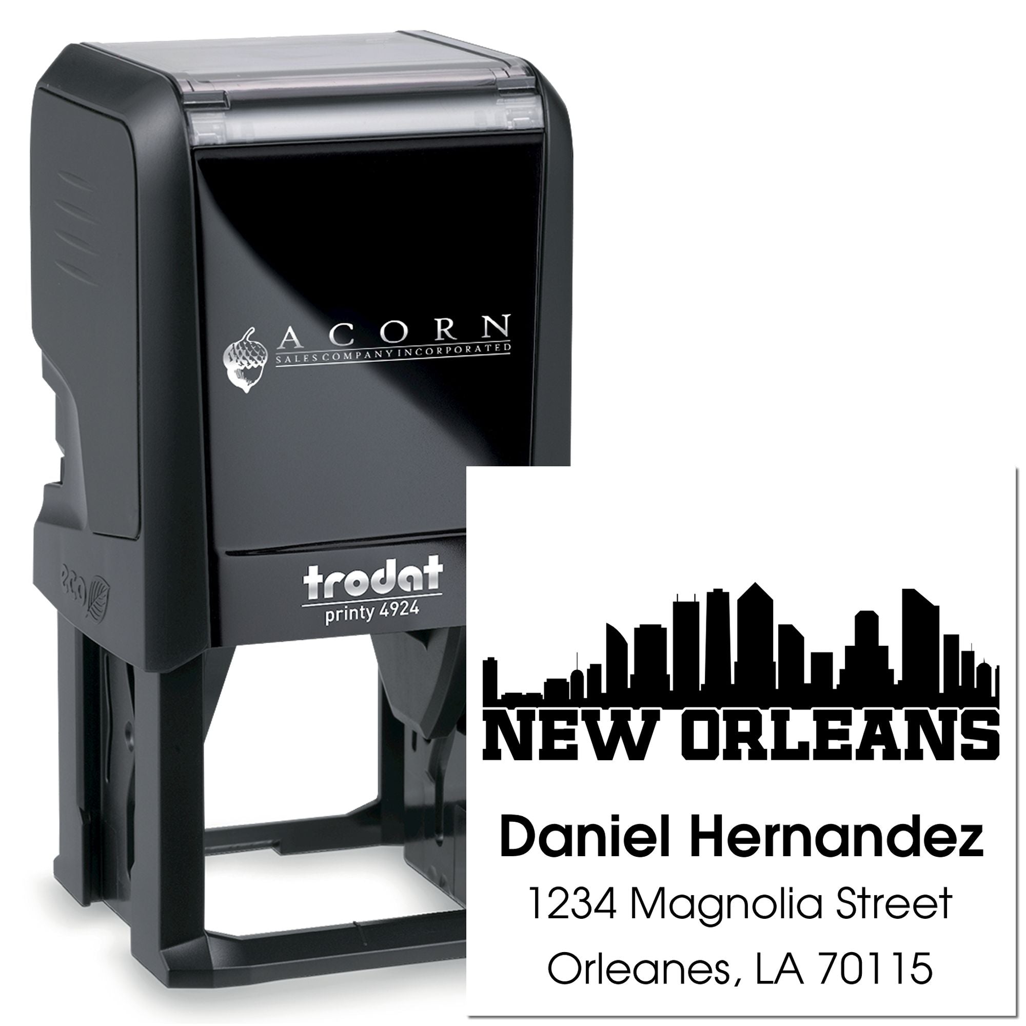 Trodat Printy 4924 self-inking custom rubber address stamp with New Orleans skyline and Daniel Hernandez return address.