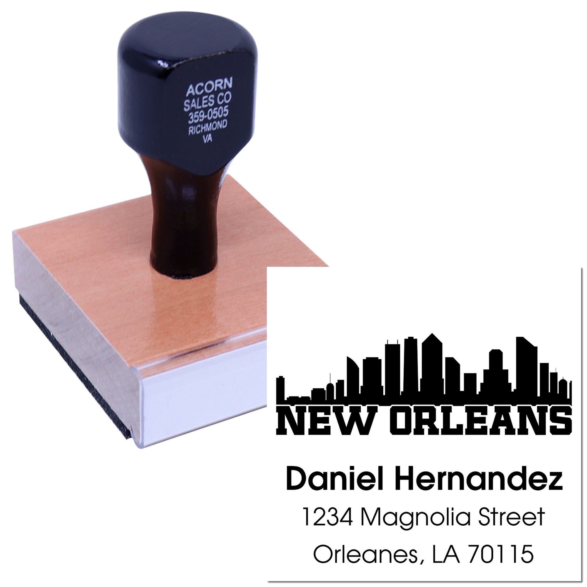 Custom return address rubber stamp with New Orleans skyline and Daniel Hernandez mailing details