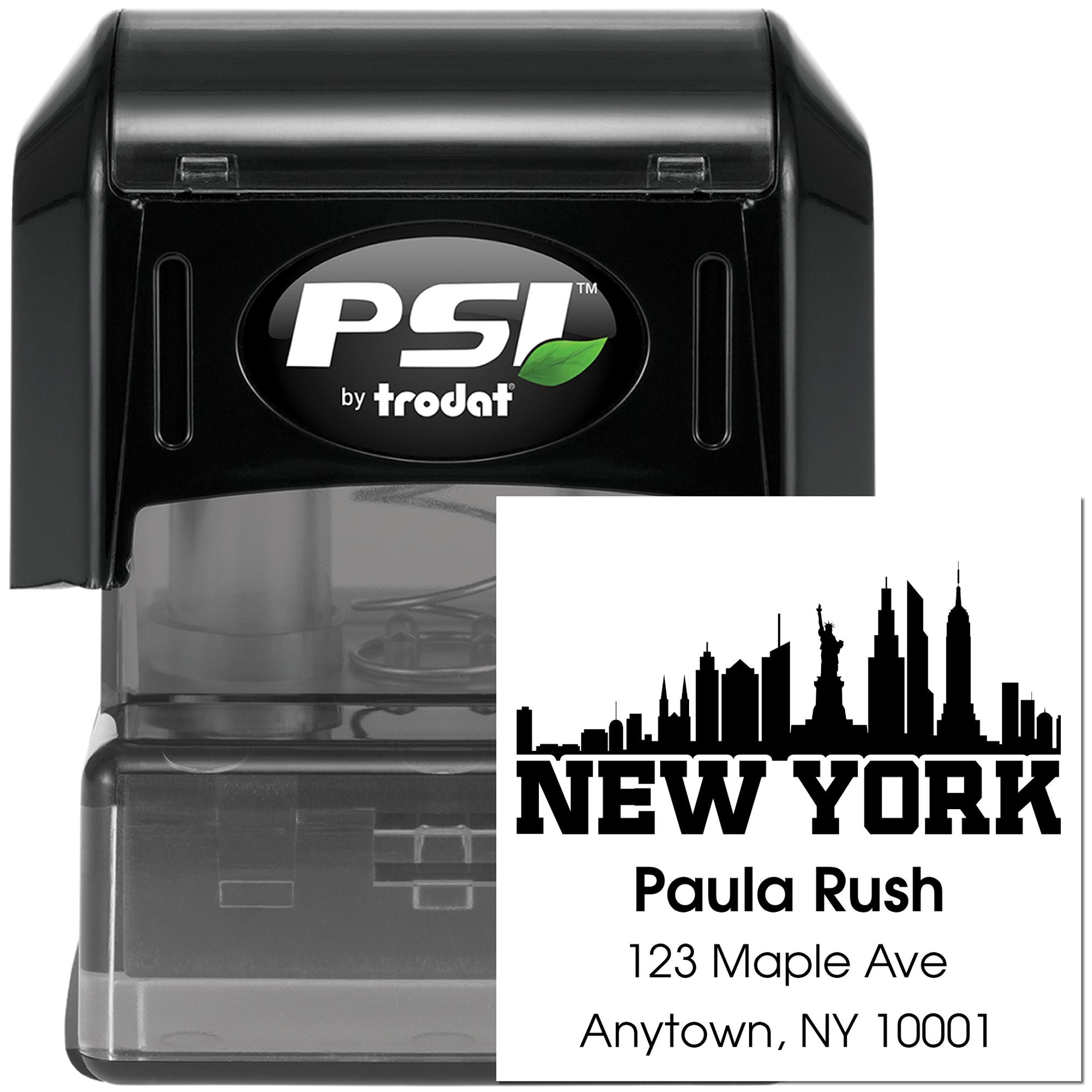Custom self-inking address rubber stamp by PSI Trodat, shown with New York skyline and mailing address imprint.