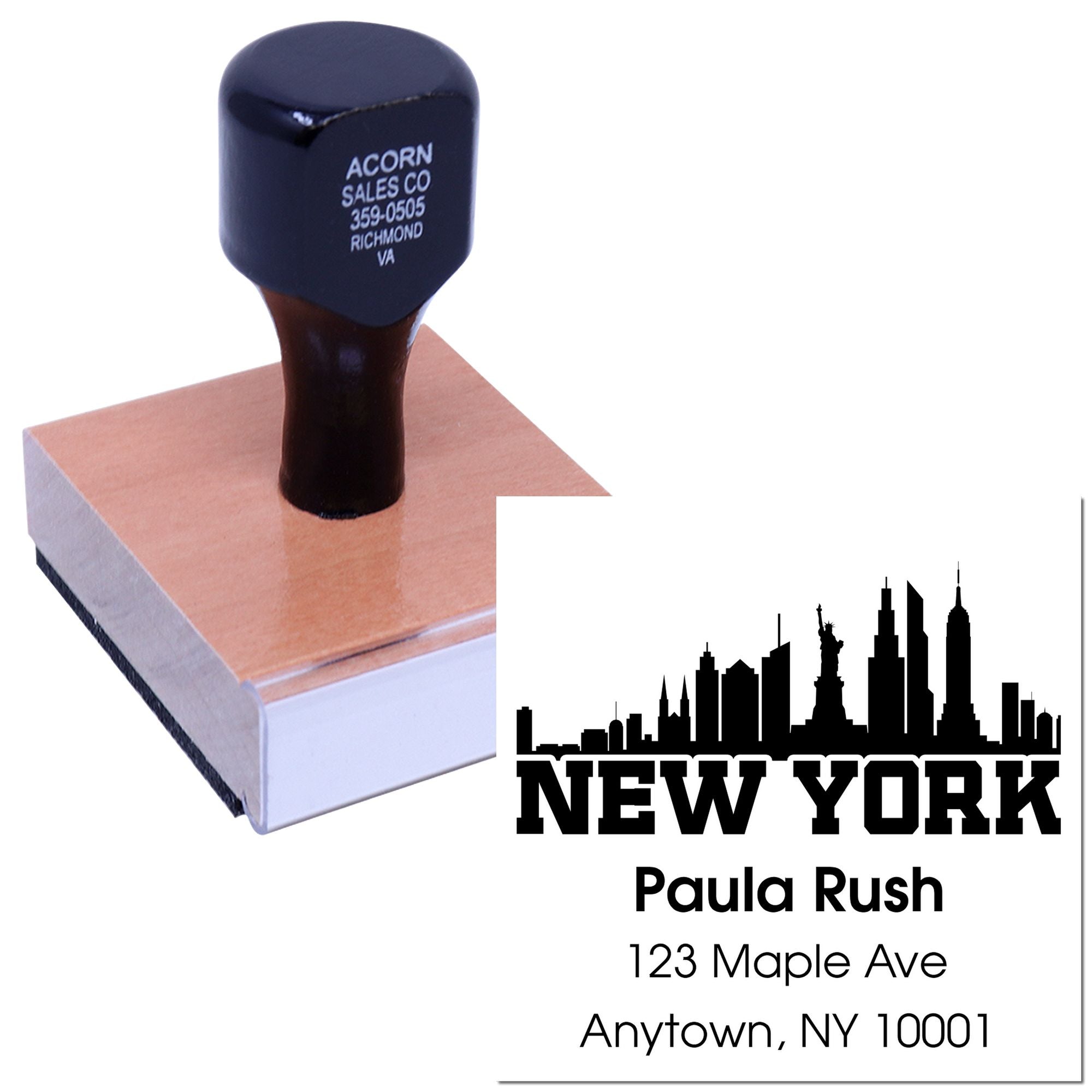 Custom rubber address stamp with New York skyline design and return address for Paula Rush.