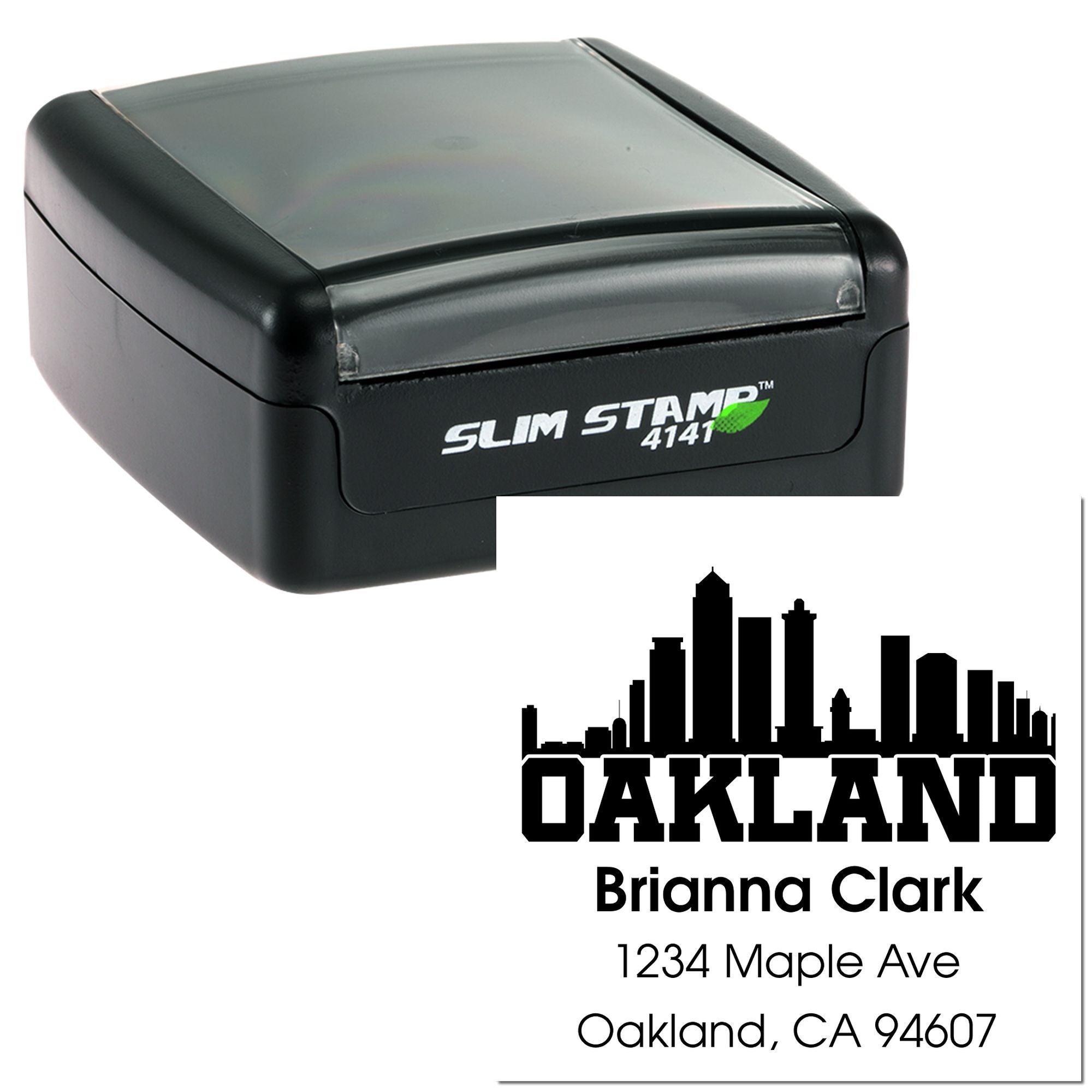 Custom Oakland address rubber stamp with Slim Stamp 4141 self-inking design for mailing, branding, and return addresses.