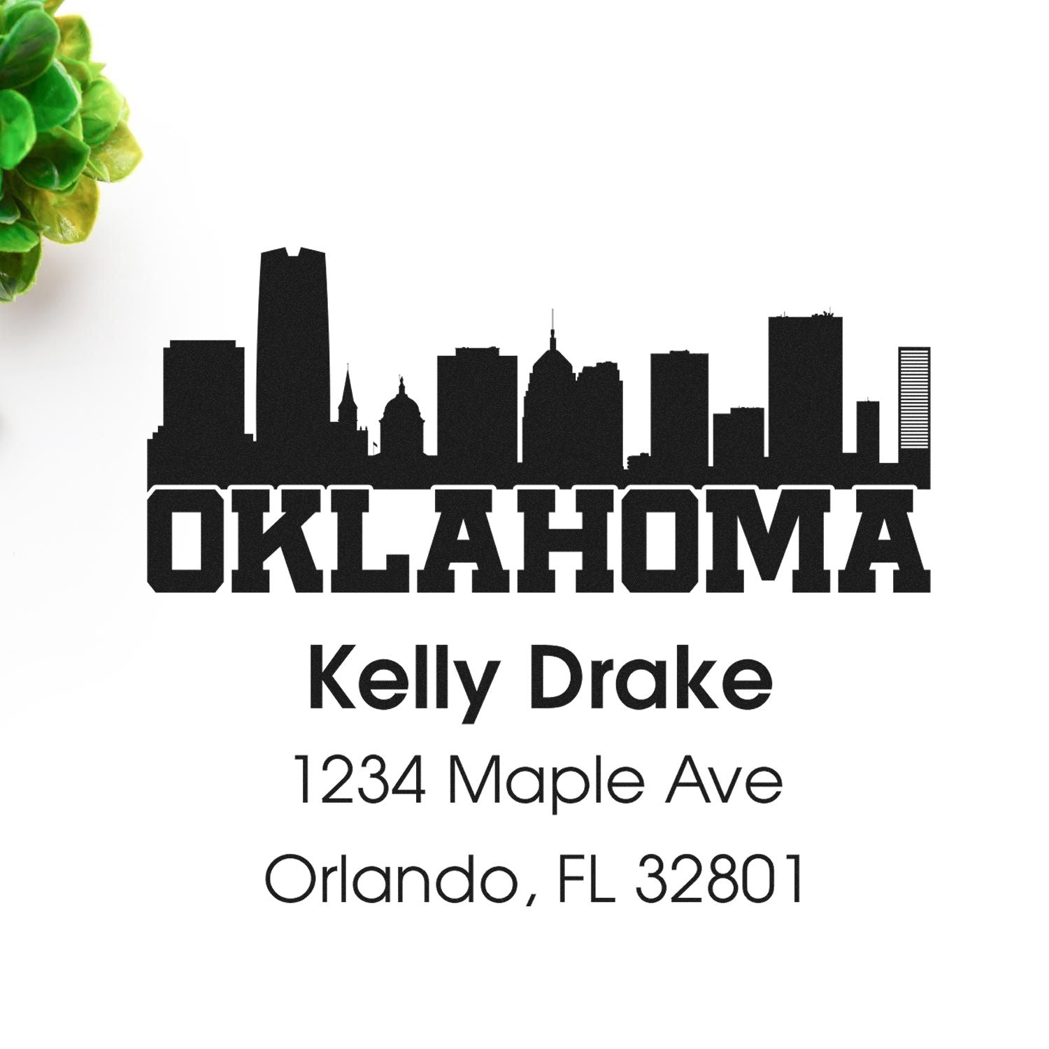 Custom Oklahoma skyline return address rubber stamp with Kelly Drake, 1234 Maple Ave, Orlando, FL 32801.