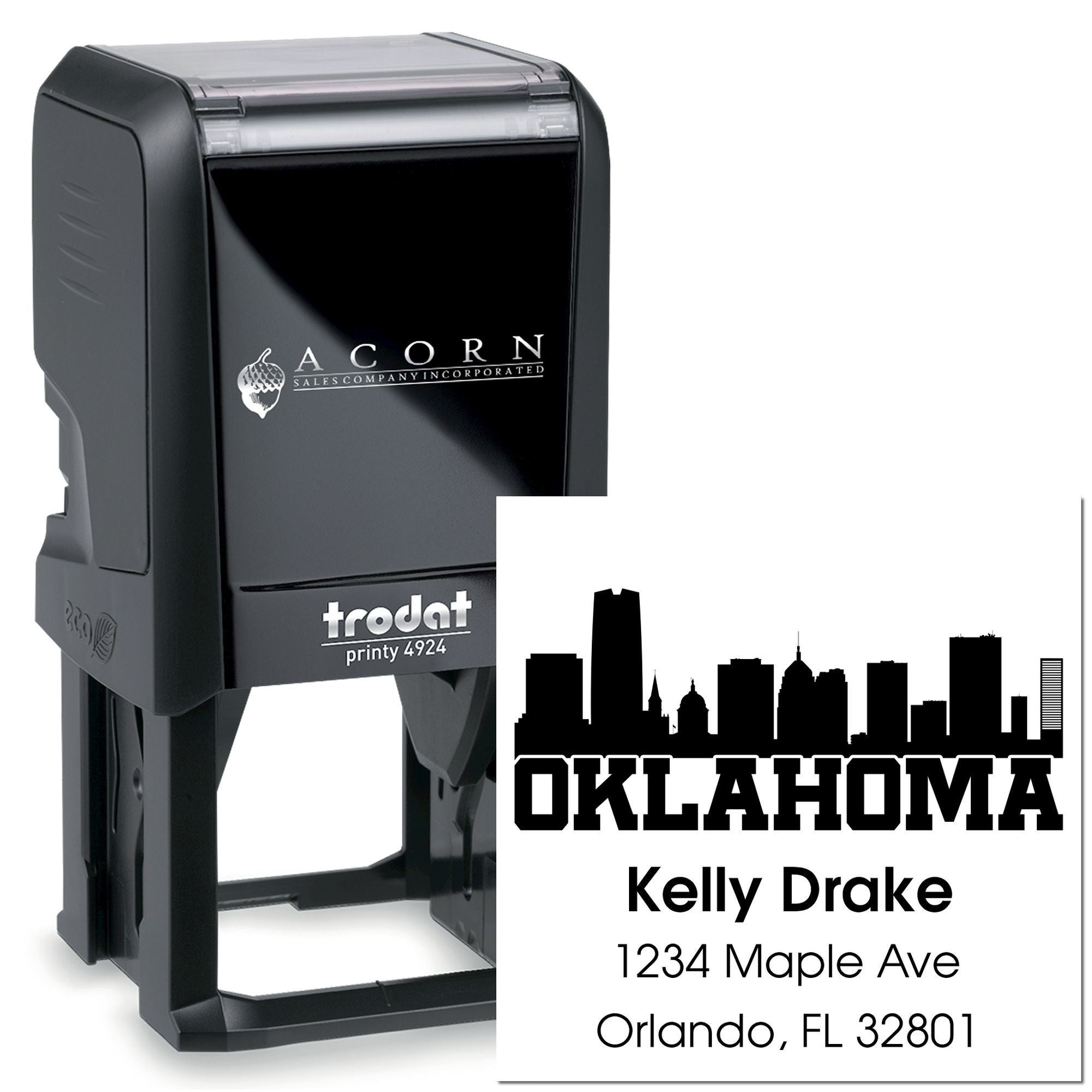 Custom self-inking rubber stamp with Oklahoma skyline, name and address imprint, Trodat Printy 4924 for business mailing.