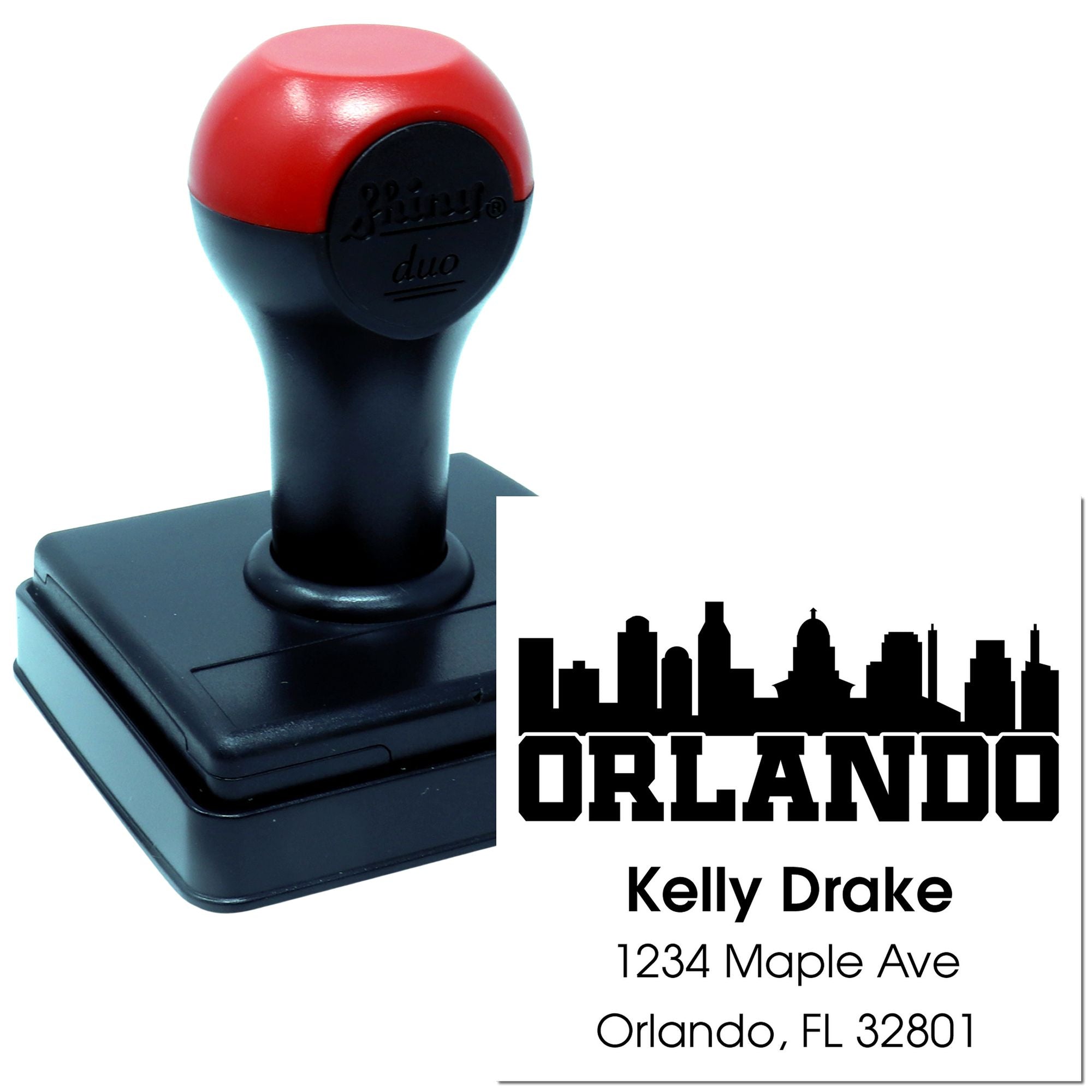 Custom self-inking rubber address stamp with Orlando skyline and personalized return address for Kelly Drake, Orlando, FL 32801