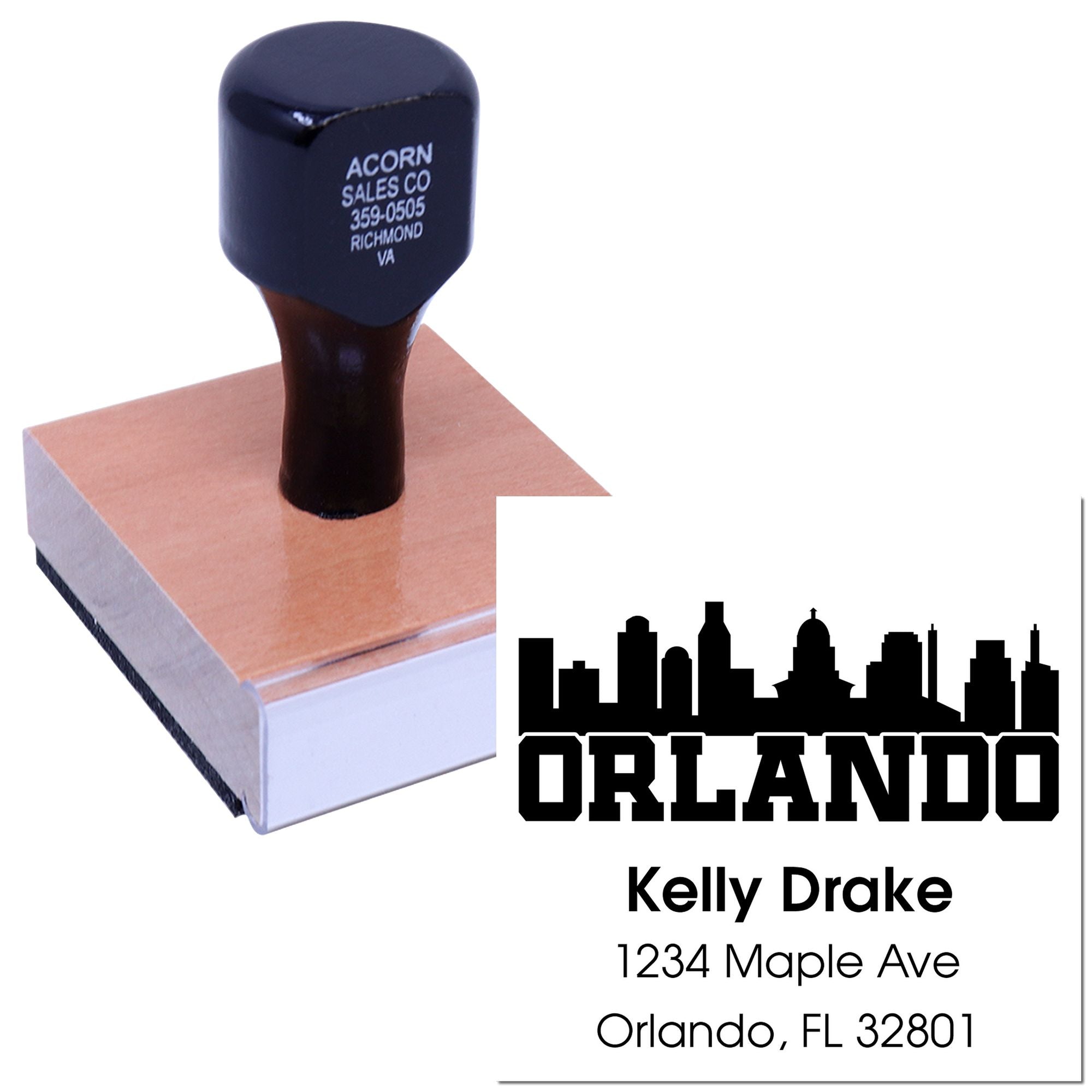 Custom Orlando address rubber stamp with skyline design, name, and full mailing address for business branding and envelopes.