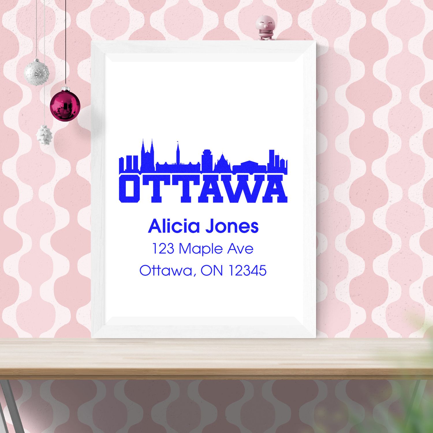 Personalized Ottawa return address rubber stamp design for Alicia Jones, featuring skyline and mailing address.
