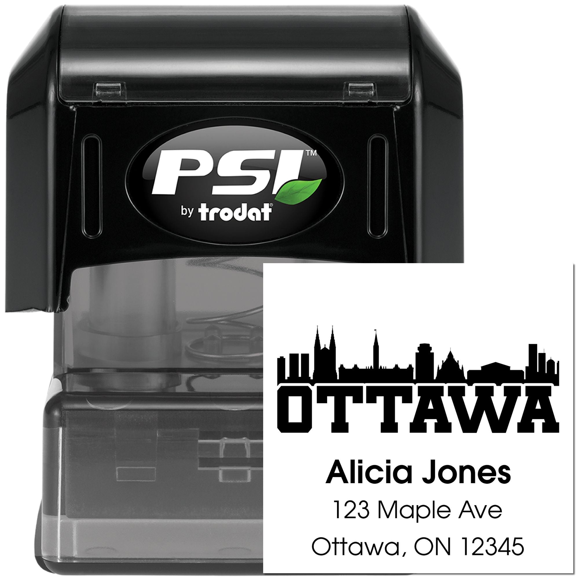 PSI by Trodat self-inking custom rubber stamp with Ottawa skyline and personalized address imprint