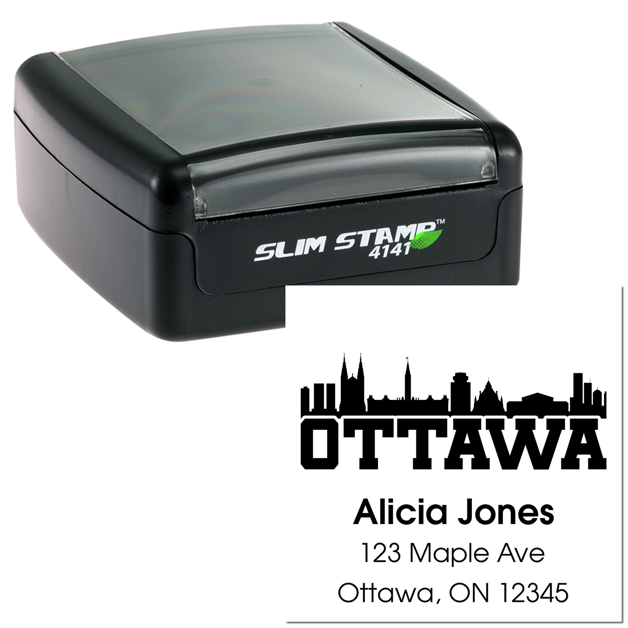Custom slim self-inking rubber stamp for Ottawa address labels with name and mailing address imprint.