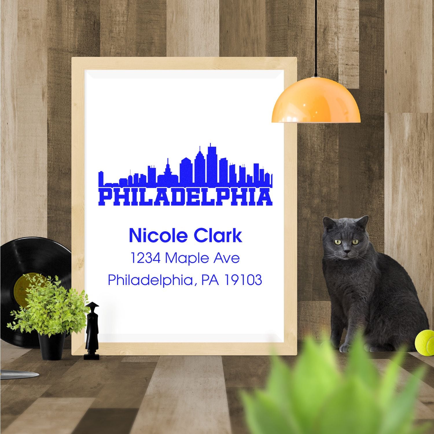 Custom Philadelphia return address rubber stamp with skyline and personalized name, street address, and ZIP code