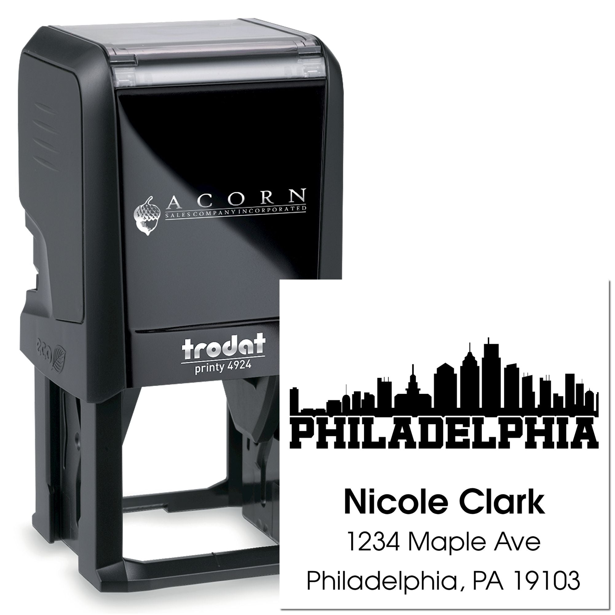 Personalized self-inking rubber stamp with Philadelphia skyline logo and return address, Trodat Printy 4924 business stamp