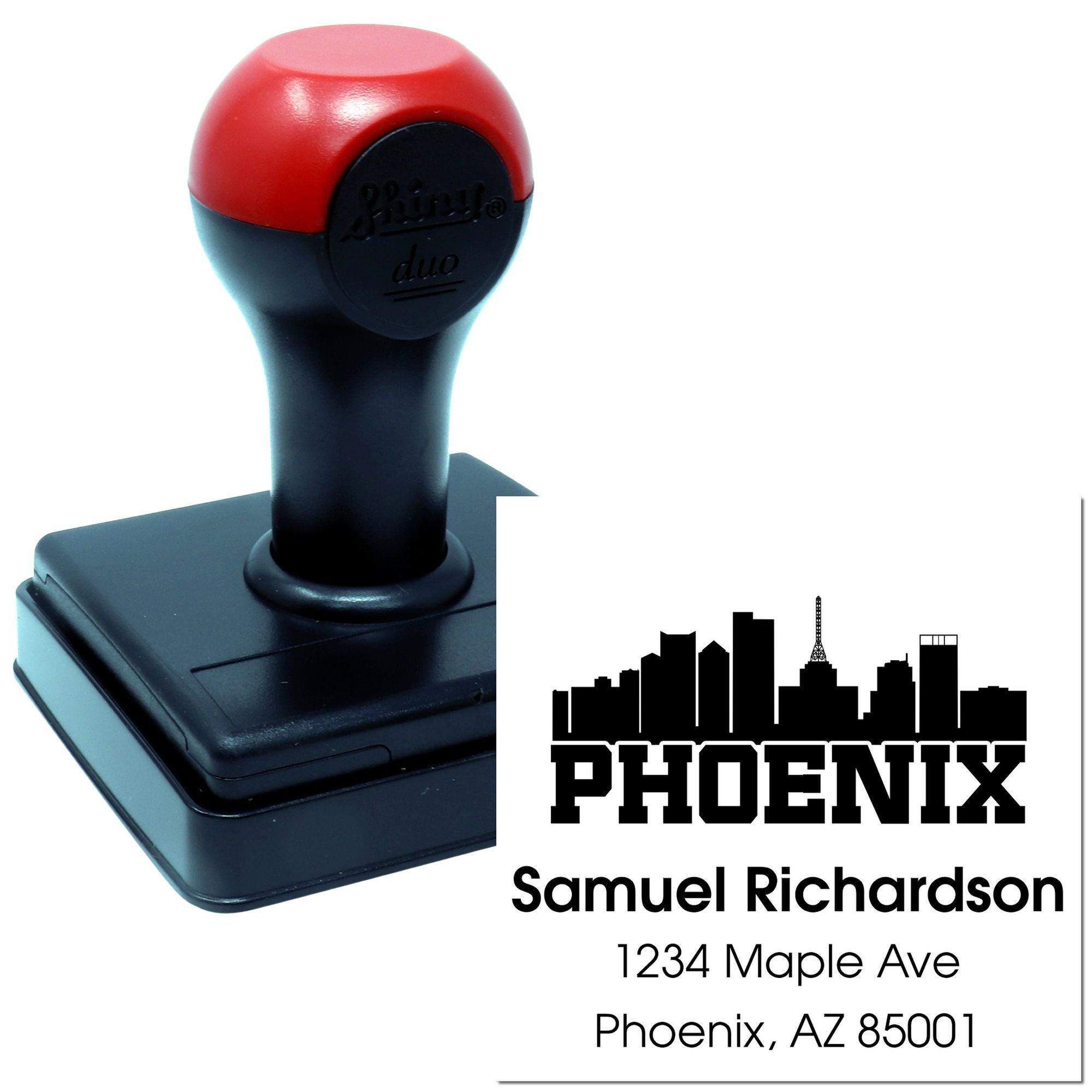 Phoenix skyline custom self-inking rubber address stamp for Samuel Richardson, 1234 Maple Ave, Phoenix, AZ 85001