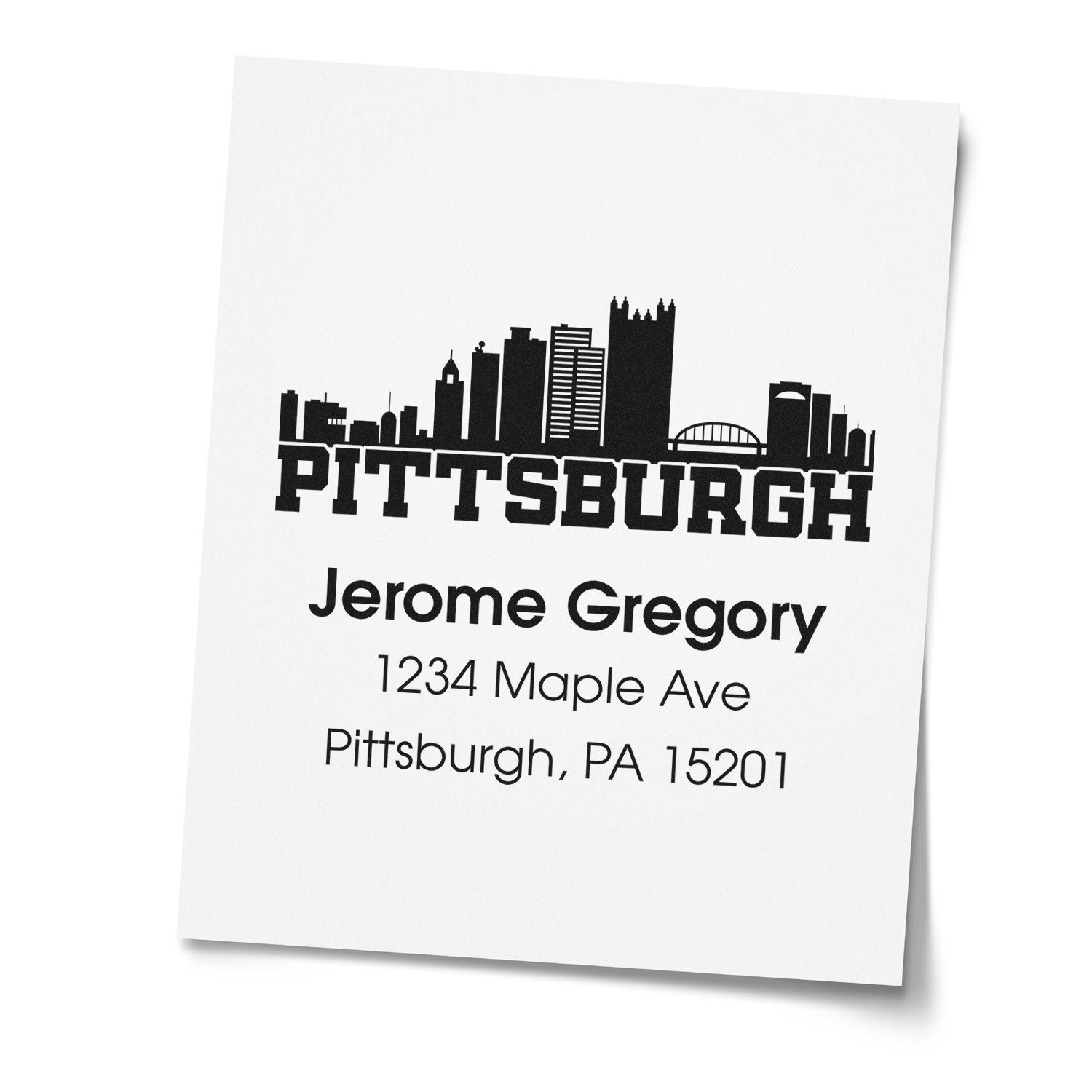Pittsburgh skyline custom address rubber stamp with Jerome Gregory, 1234 Maple Ave, Pittsburgh, PA 15201