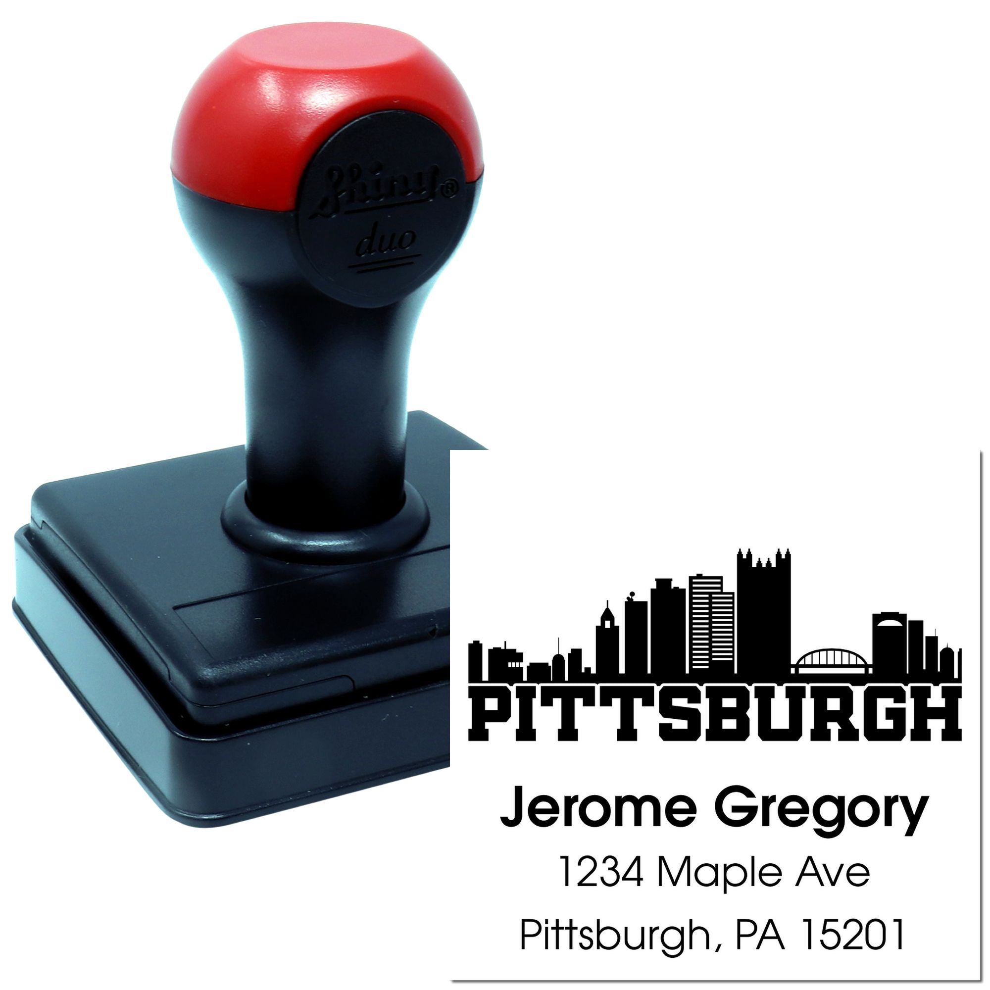 Custom self-inking Pittsburgh return address rubber stamp with skyline design for personalized envelopes and mail.