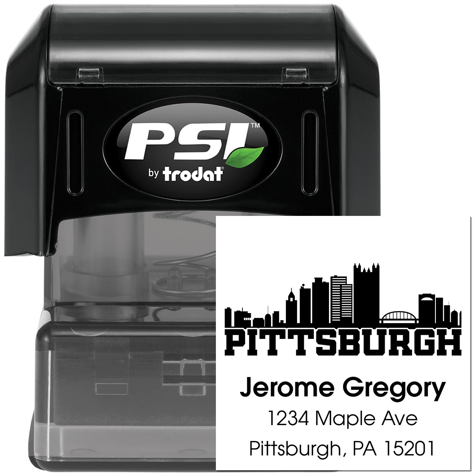 PSI by Trodat custom self-inking address stamp with Pittsburgh skyline, personalized name and address for rubber stamping