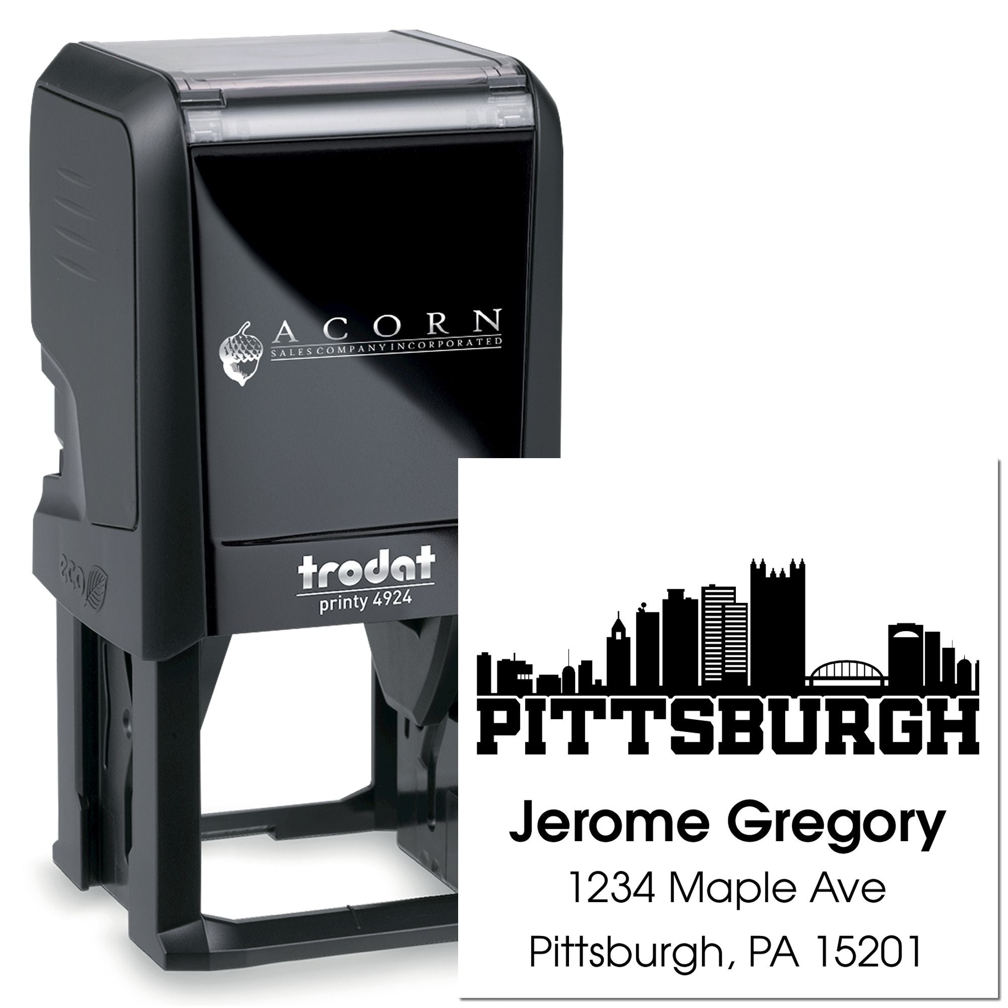 Custom self-inking rubber address stamp with Pittsburgh skyline design, personalized name, and mailing address.