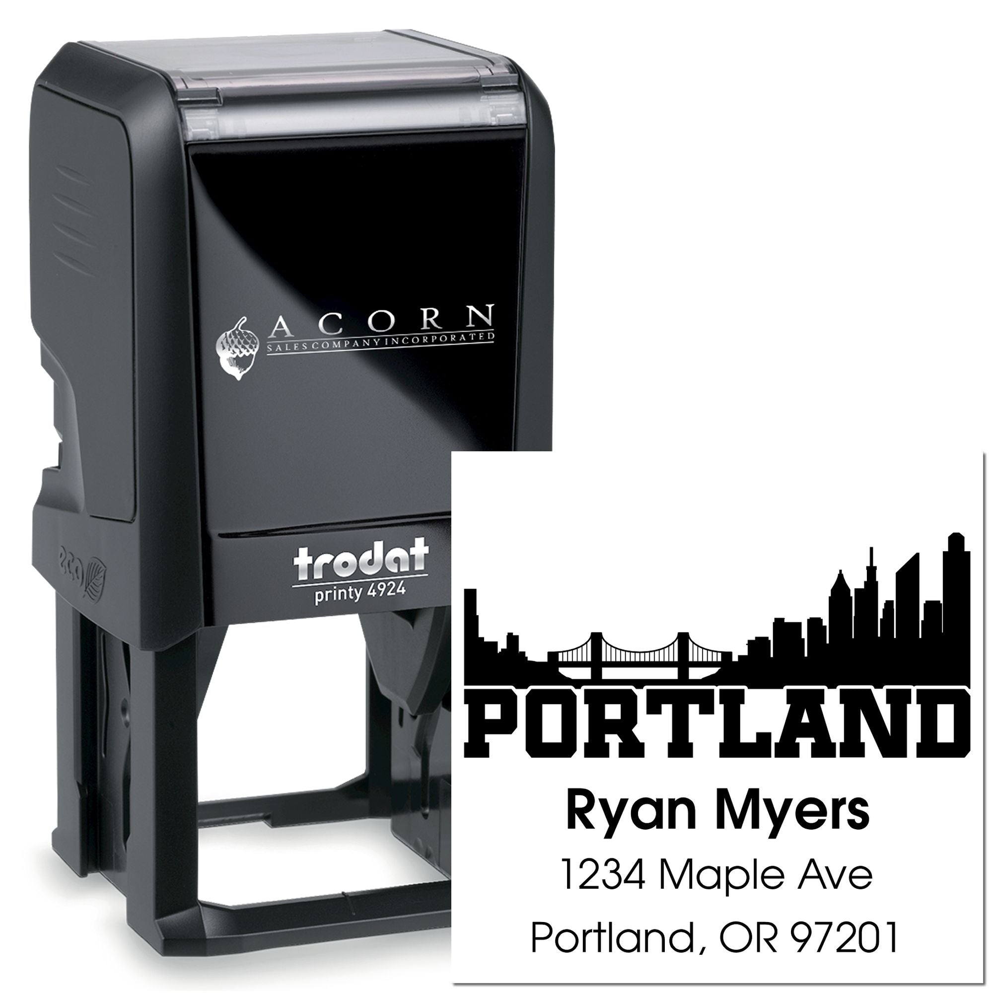 Custom self-inking Portland return address rubber stamp for Ryan Myers, 1234 Maple Ave, Portland, OR 97201.