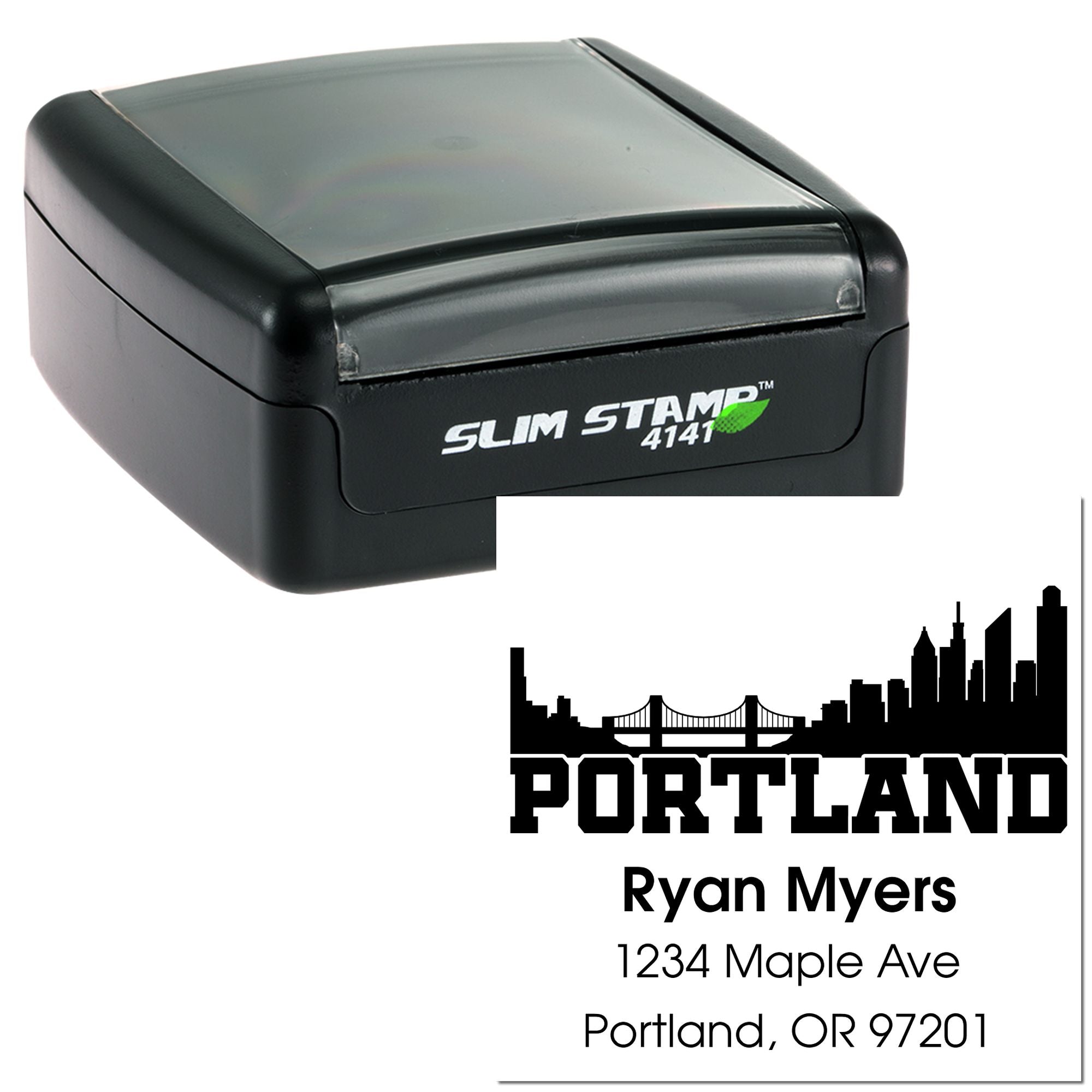 Personalized self-inking rubber address stamp with Portland skyline, Ryan Myers return address.