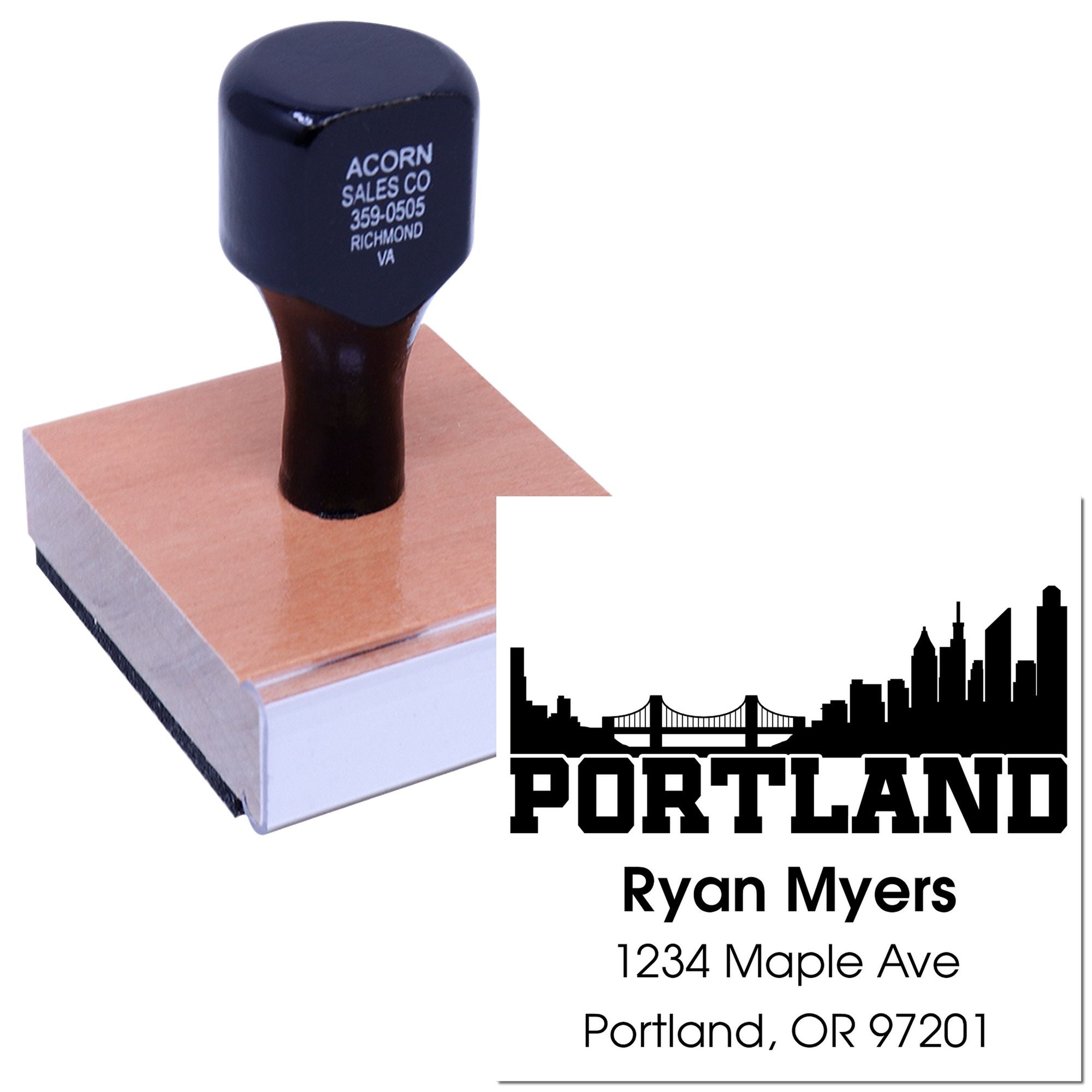 Custom Portland address rubber stamp with skyline design for mailing, branding, and business use.